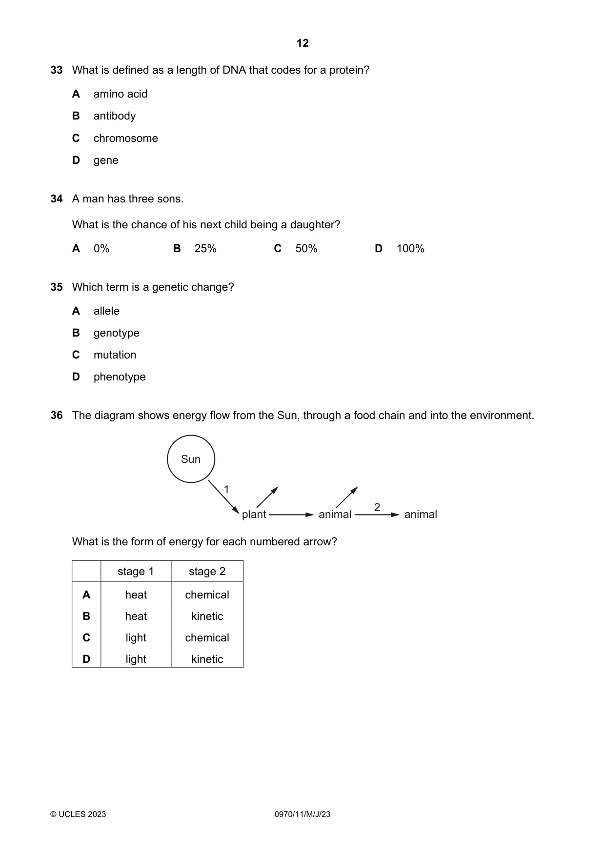 Cambridge IGCSE Biology (9-1) 0970 2023 May/June Paper 1 · Variant 1 question paper, page 12 of 16