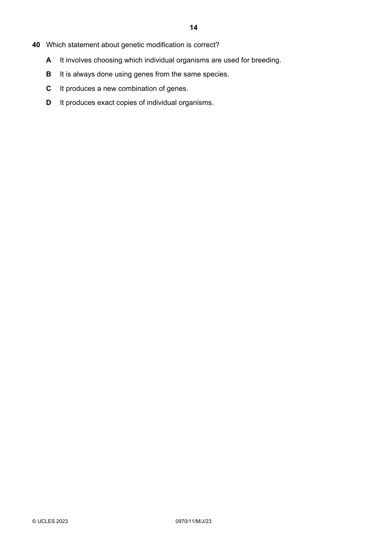 Cambridge IGCSE Biology (9-1) 0970 2023 May/June Paper 1 · Variant 1 question paper, page 14 of 16