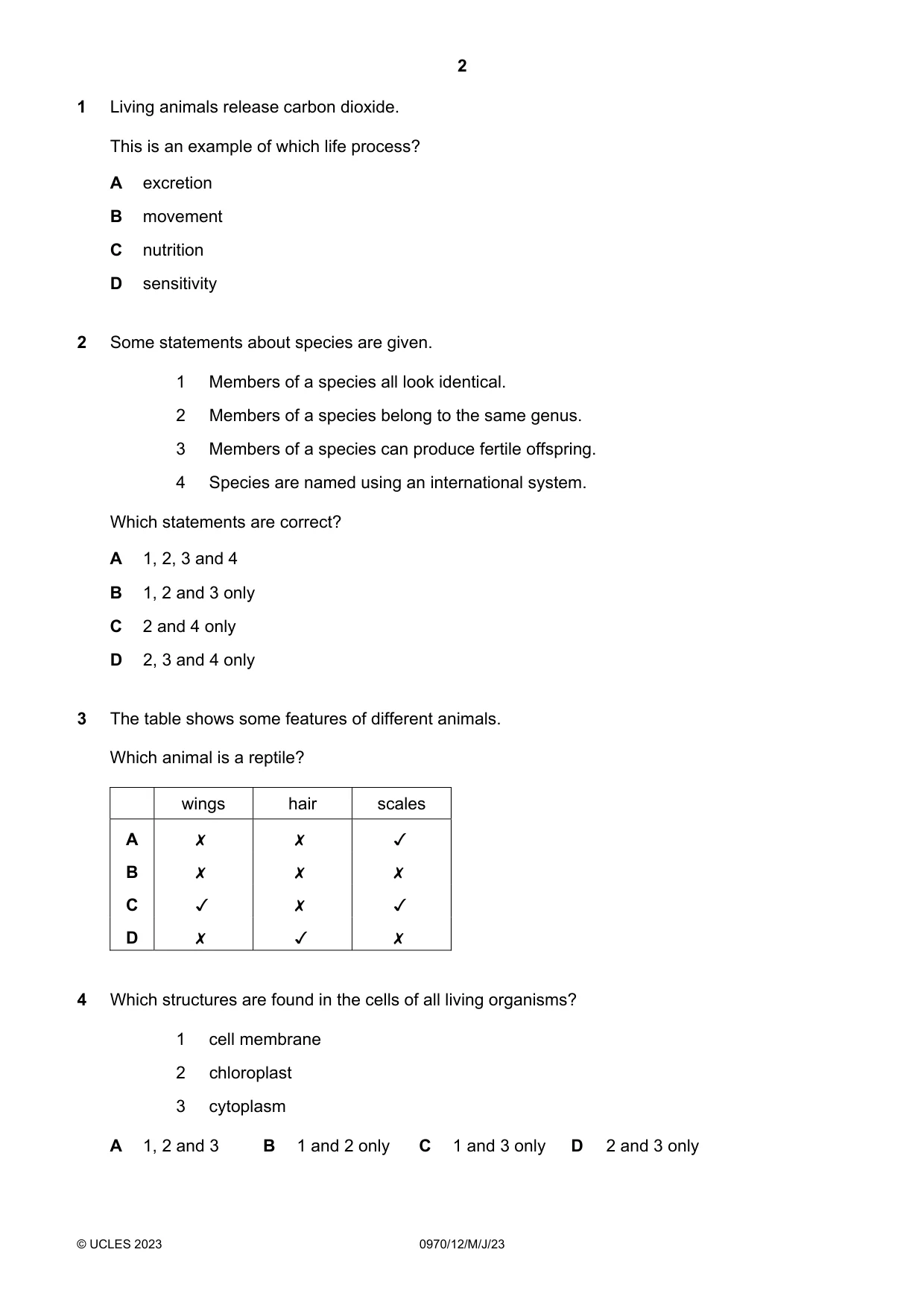 Cambridge IGCSE Biology (9-1) 0970 2023 May/June Paper 1 · Variant 2 question paper, page 2 of 16