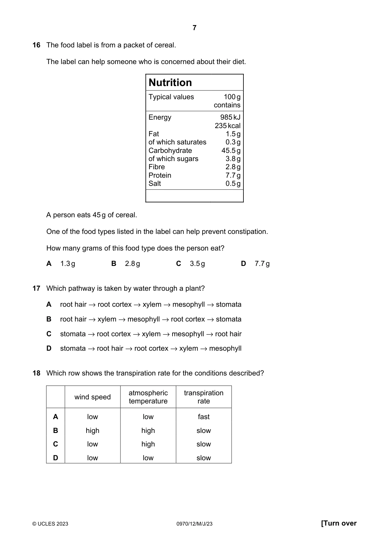Cambridge IGCSE Biology (9-1) 0970 2023 May/June Paper 1 · Variant 2 question paper, page 7 of 16