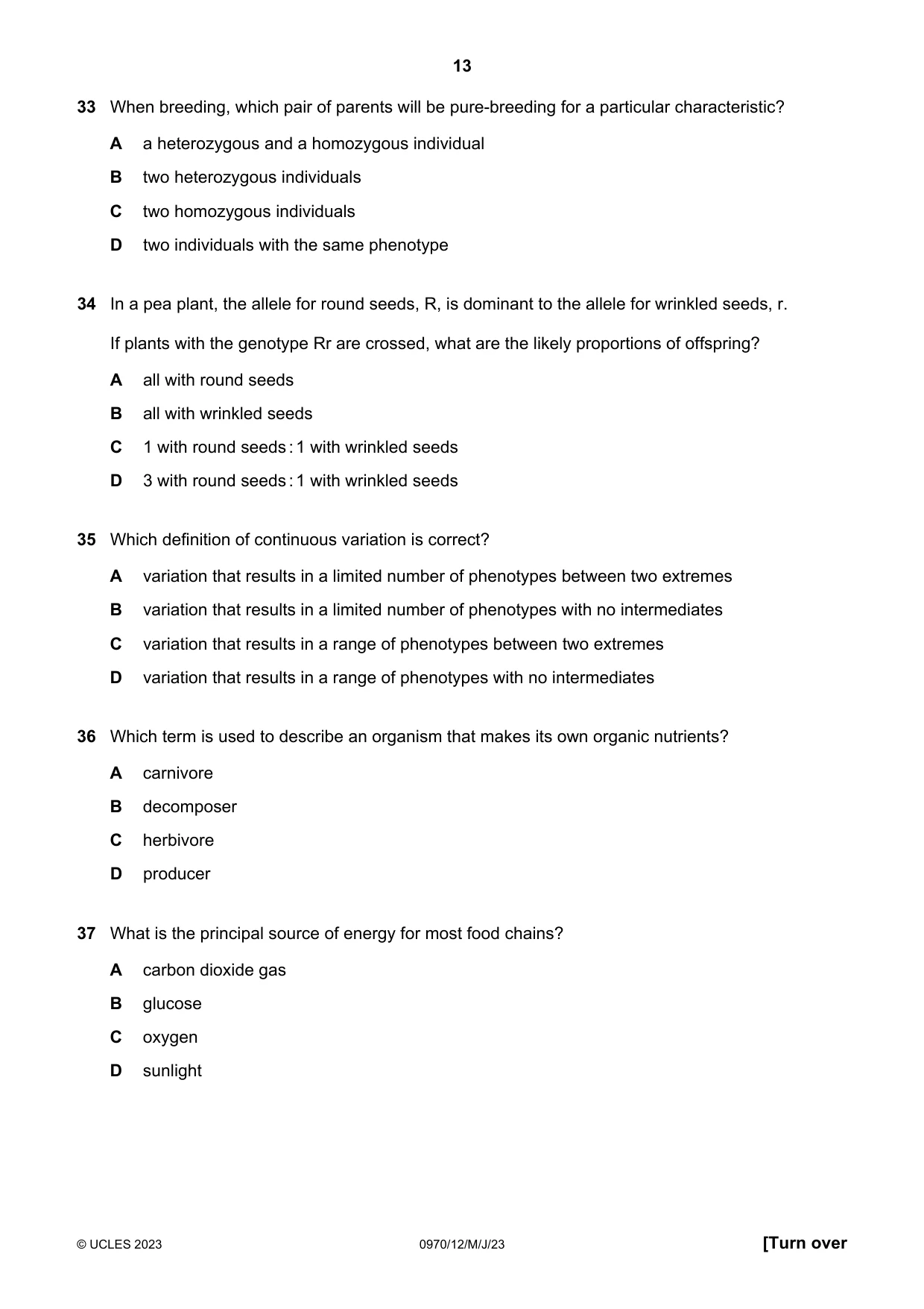 Cambridge IGCSE Biology (9-1) 0970 2023 May/June Paper 1 · Variant 2 question paper, page 13 of 16