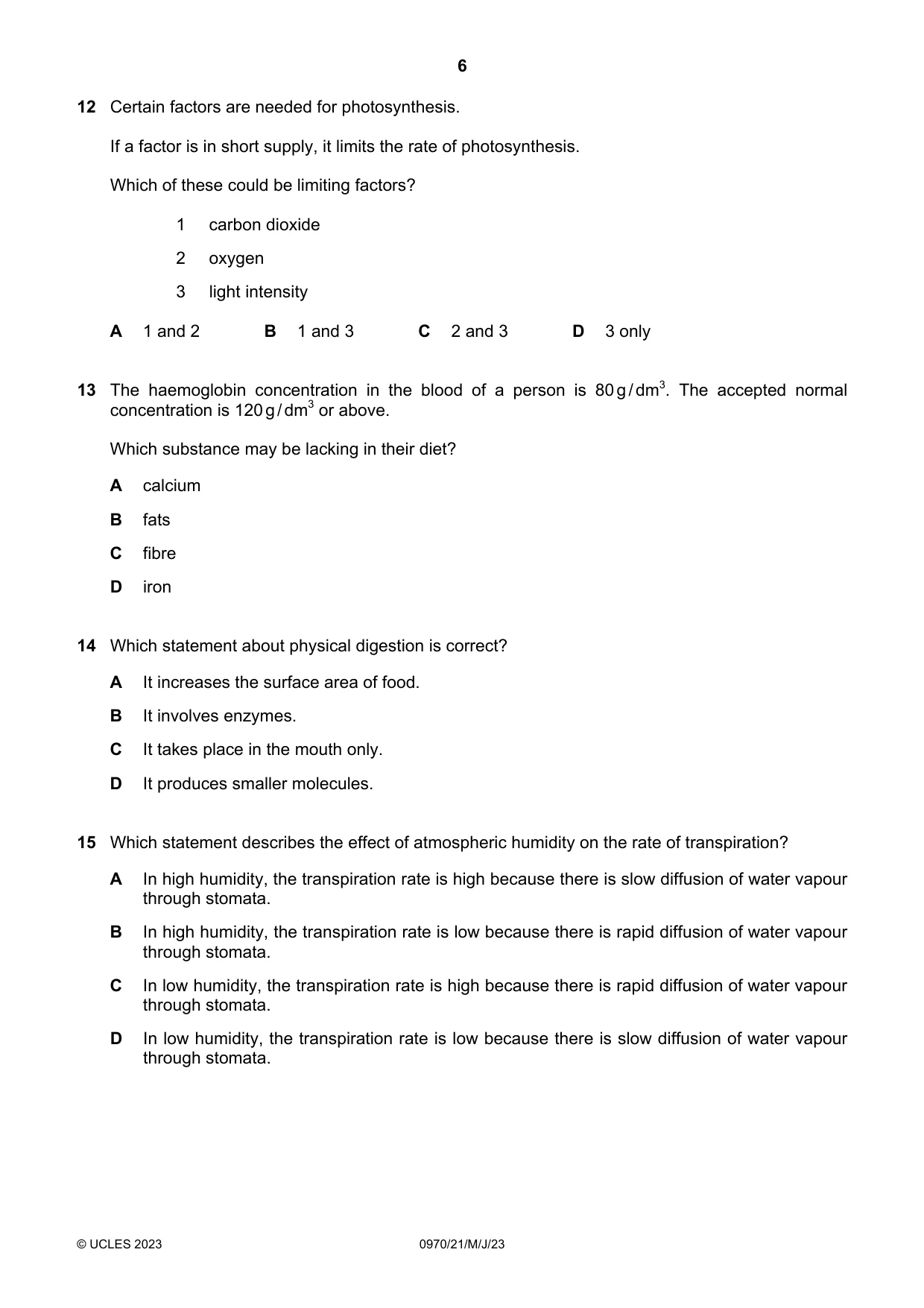 Cambridge IGCSE Biology (9-1) 0970 2023 May/June Paper 2 · Variant 1 question paper, page 6 of 16