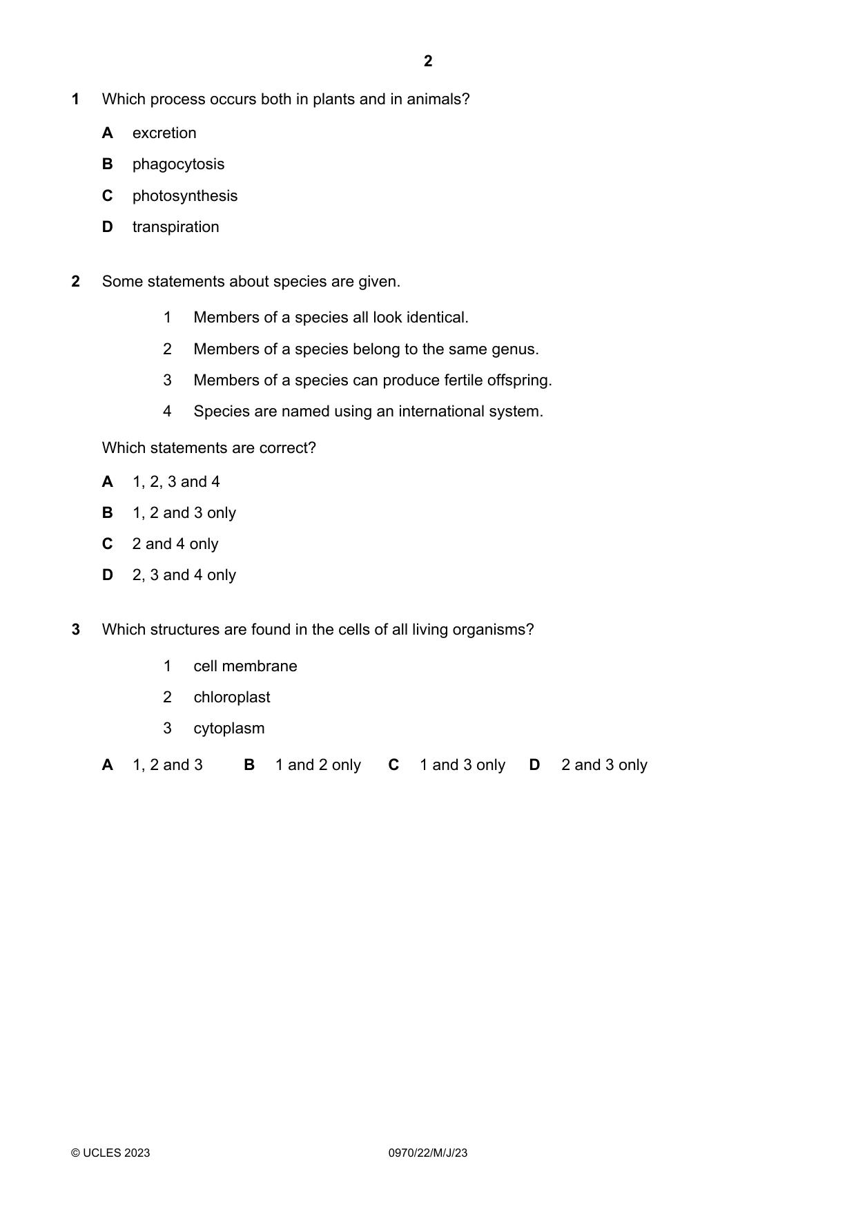 Cambridge IGCSE Biology (9-1) 0970 2023 May/June Paper 2 · Variant 2 question paper, page 2 of 16