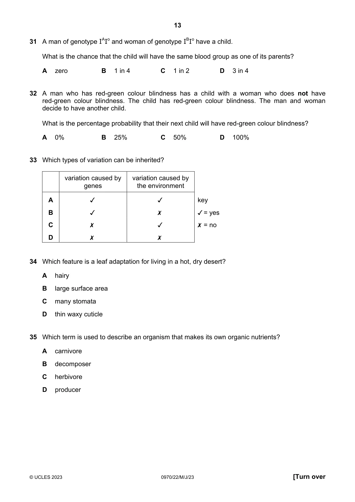Cambridge IGCSE Biology (9-1) 0970 2023 May/June Paper 2 · Variant 2 question paper, page 13 of 16