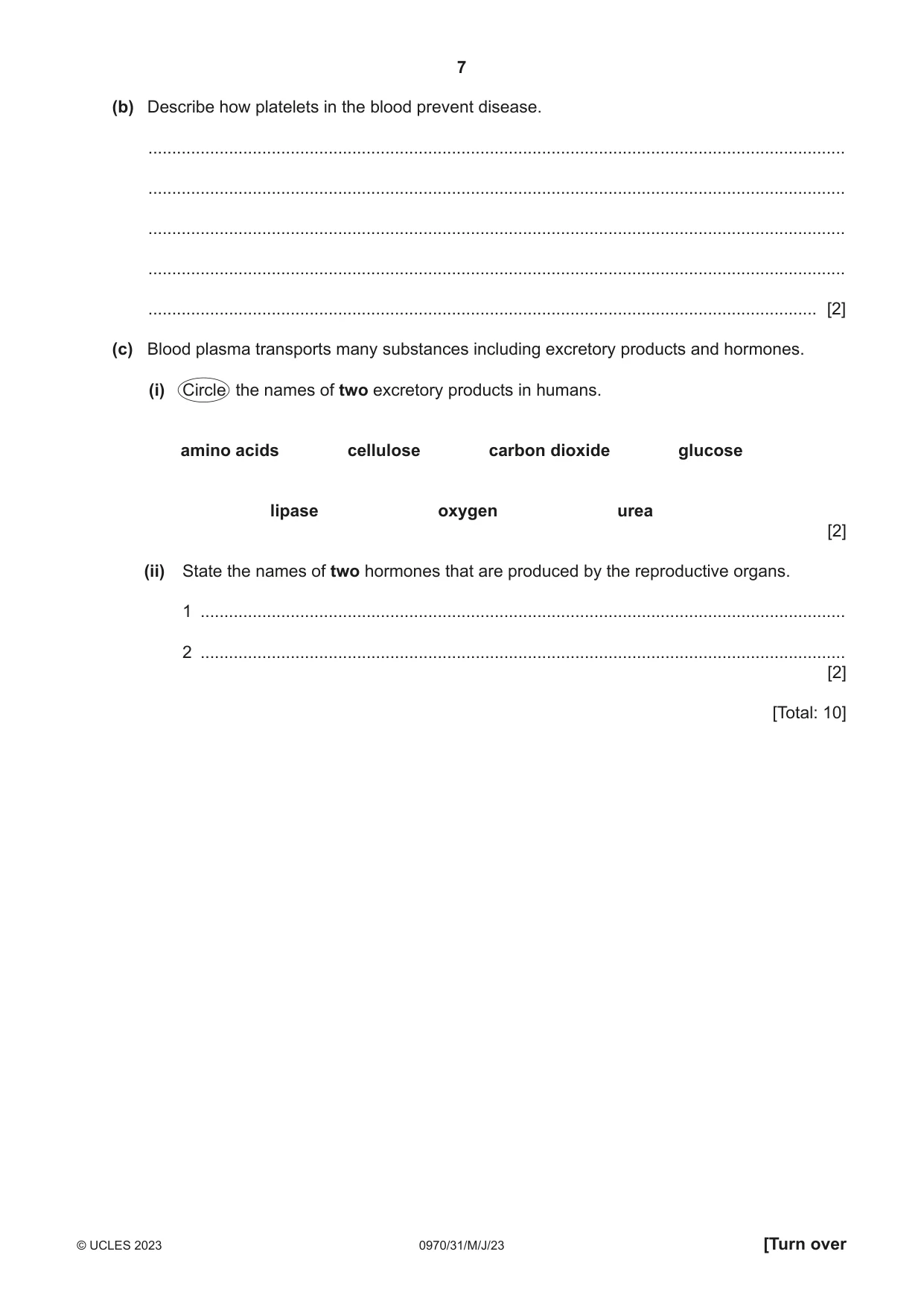 Cambridge IGCSE Biology (9-1) 0970 2023 May/June Paper 3 · Variant 1 question paper, page 7 of 20
