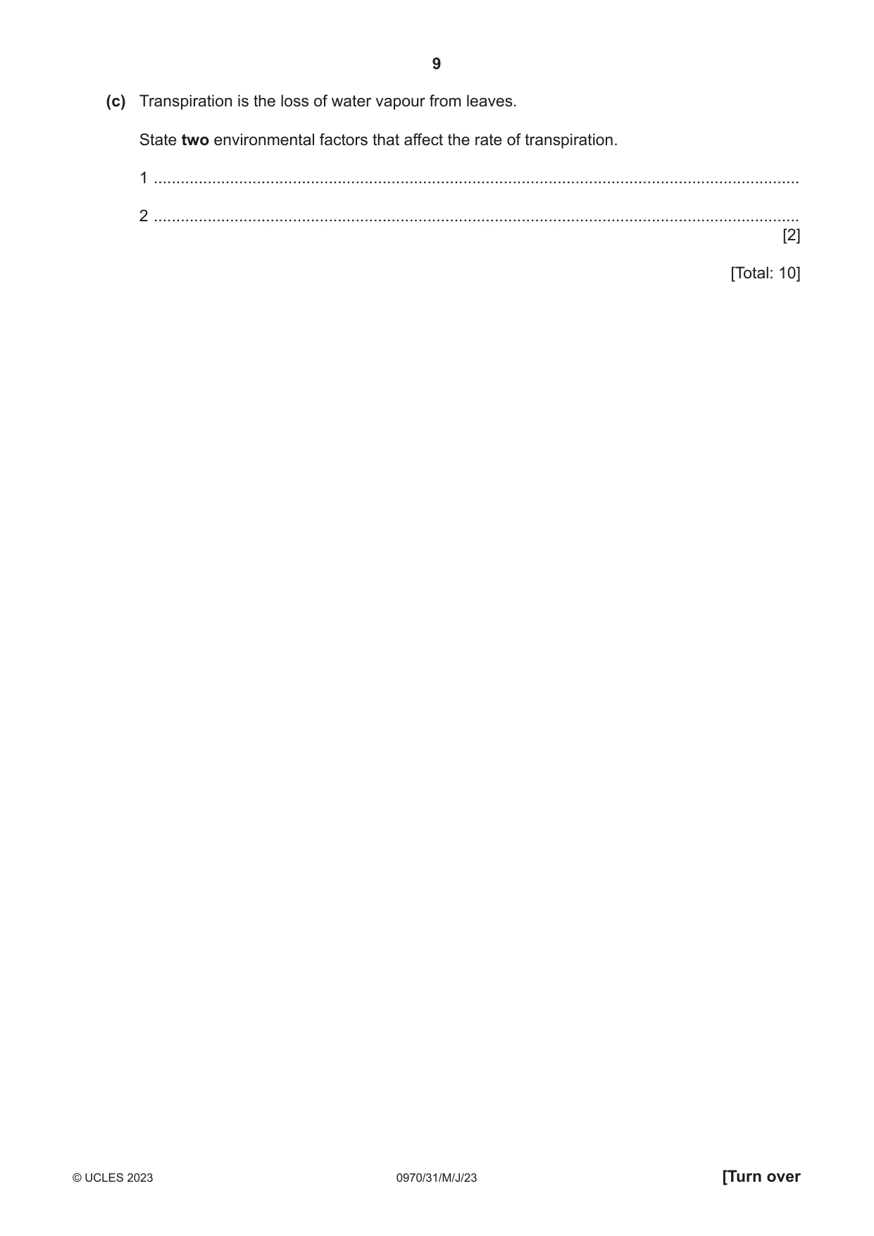 Cambridge IGCSE Biology (9-1) 0970 2023 May/June Paper 3 · Variant 1 question paper, page 9 of 20