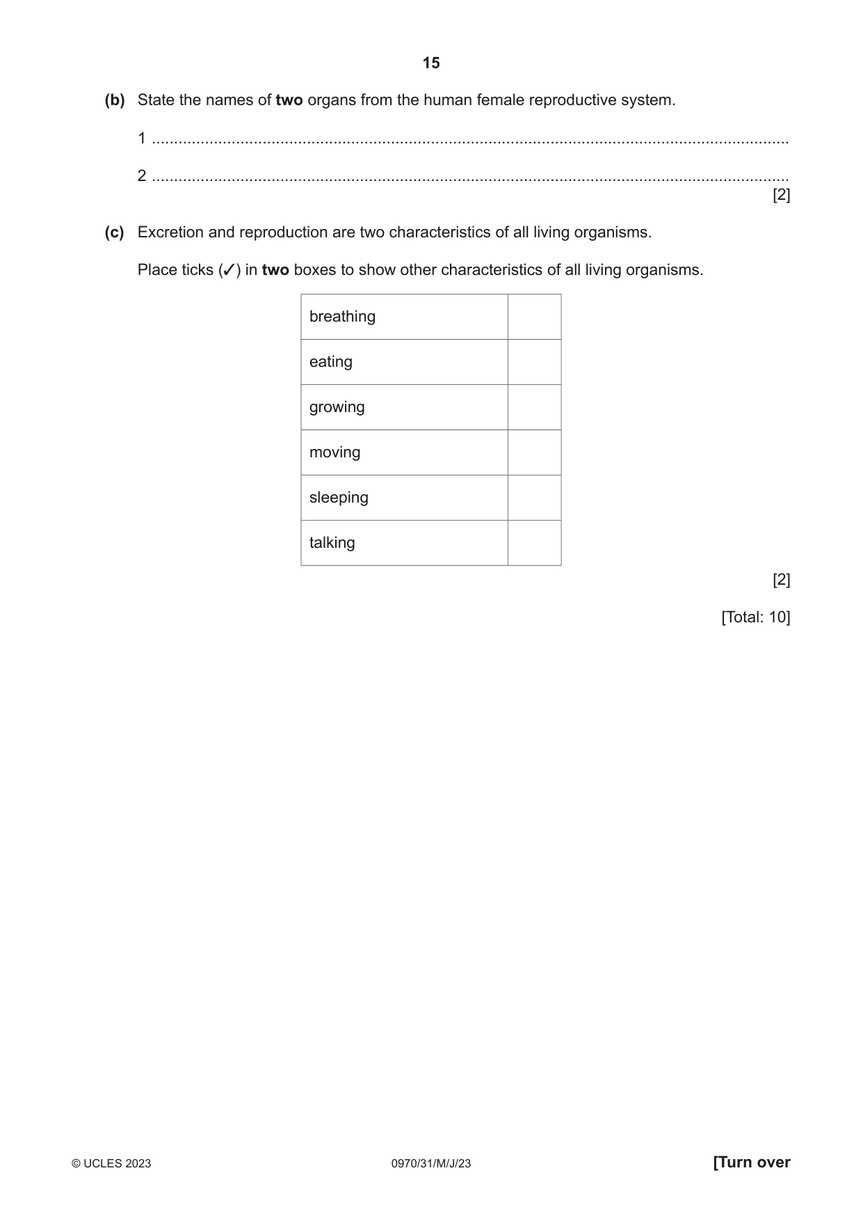 Cambridge IGCSE Biology (9-1) 0970 2023 May/June Paper 3 · Variant 1 question paper, page 15 of 20