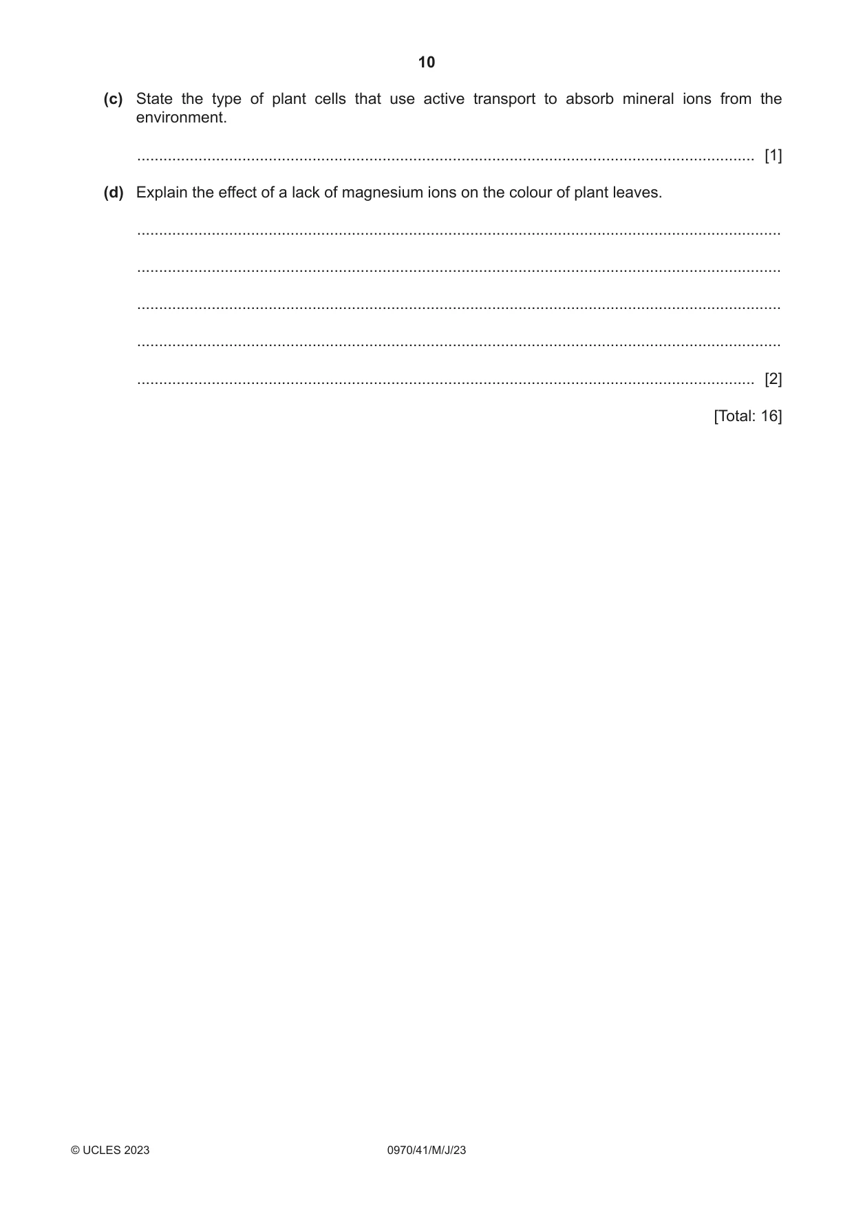 Cambridge IGCSE Biology (9-1) 0970 2023 May/June Paper 4 · Variant 1 question paper, page 10 of 20