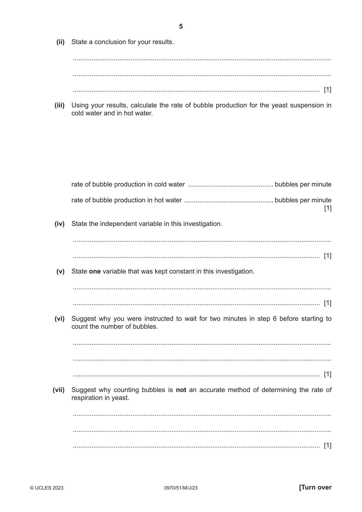 Cambridge IGCSE Biology (9-1) 0970 2023 May/June Paper 5 · Variant 1 question paper, page 5 of 12