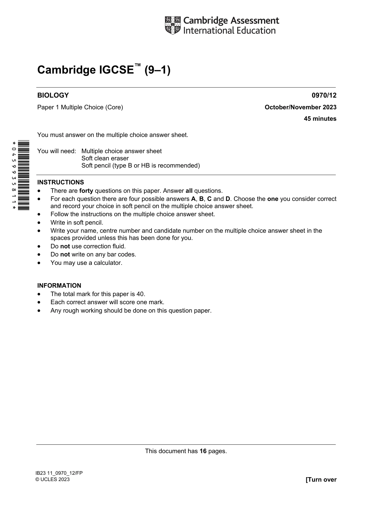 Cambridge IGCSE Biology (9-1) 0970 2023 Oct/Nov Paper 1 · Variant 2 question paper, page 1 of 16