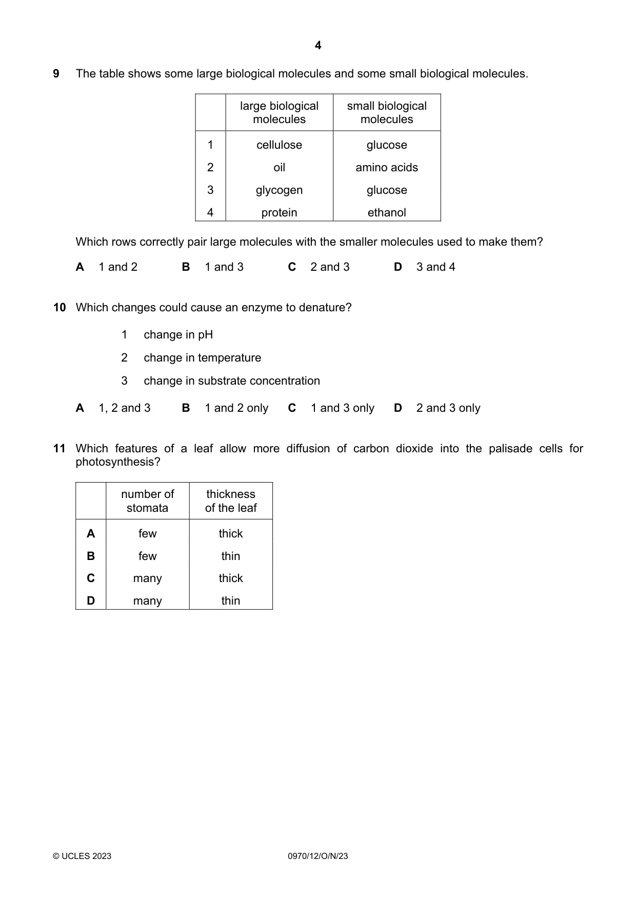 Cambridge IGCSE Biology (9-1) 0970 2023 Oct/Nov Paper 1 · Variant 2 question paper, page 4 of 16