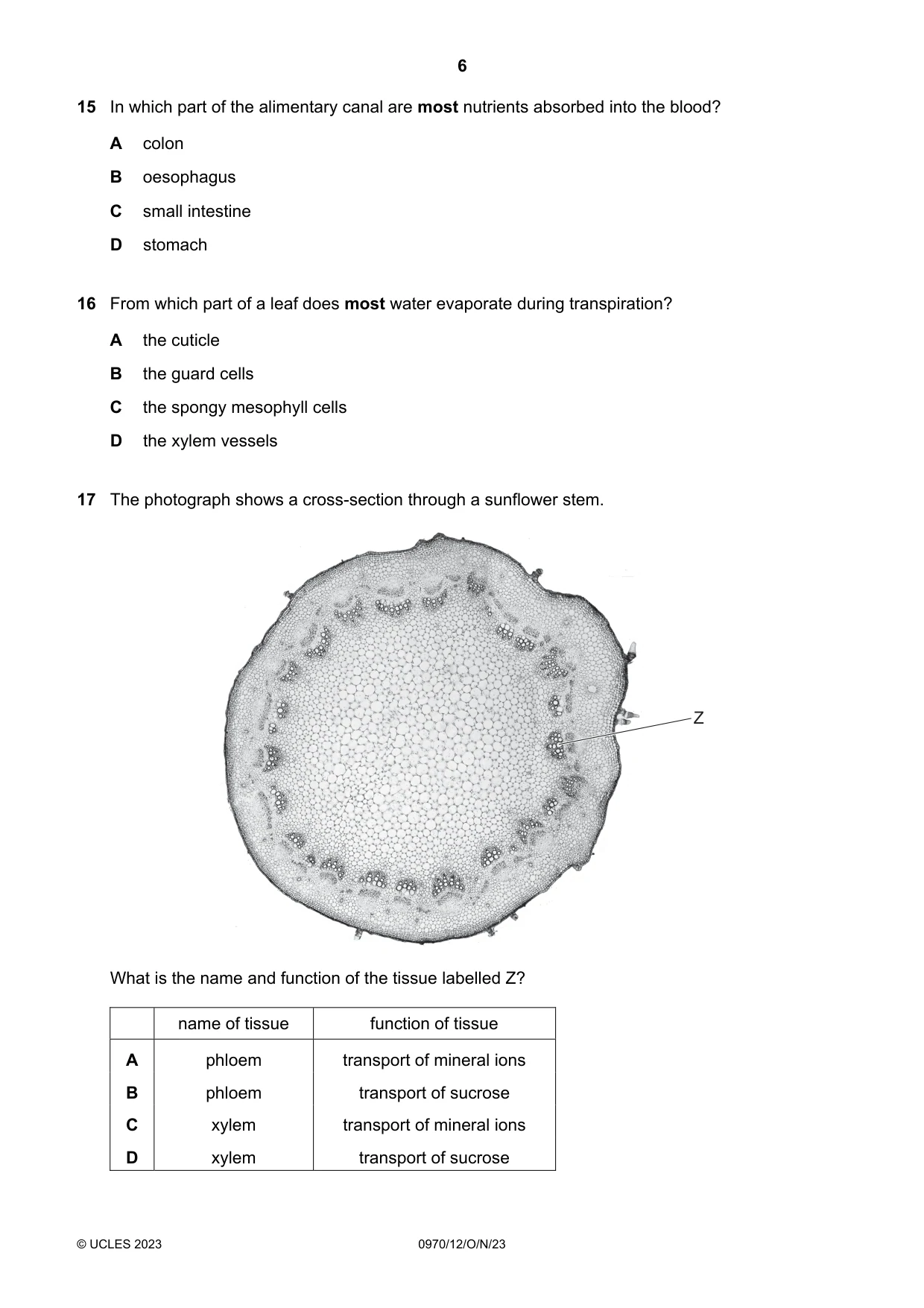 Cambridge IGCSE Biology (9-1) 0970 2023 Oct/Nov Paper 1 · Variant 2 question paper, page 6 of 16