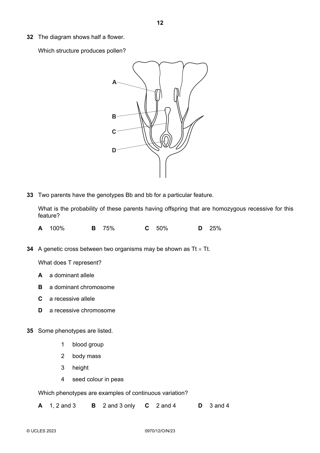 Cambridge IGCSE Biology (9-1) 0970 2023 Oct/Nov Paper 1 · Variant 2 question paper, page 12 of 16