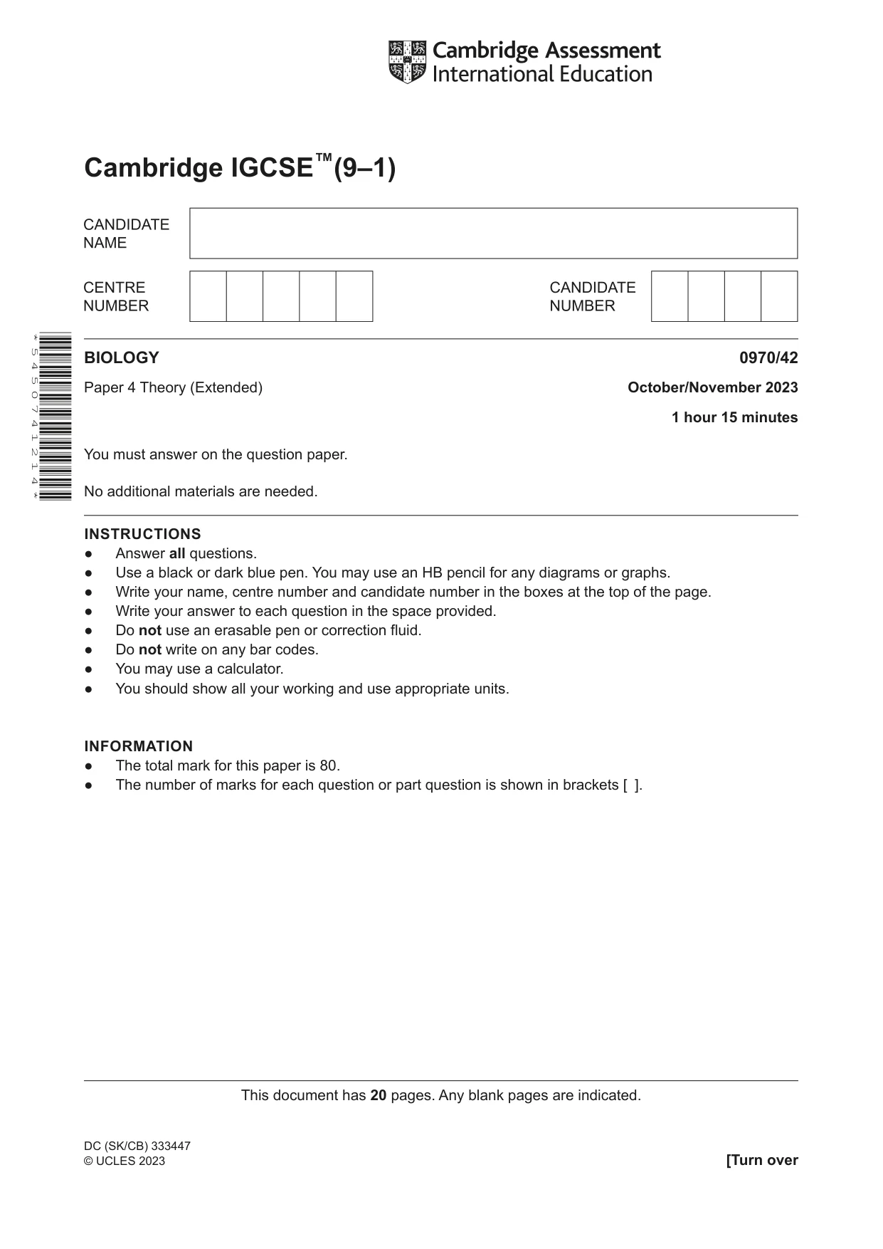 Cambridge IGCSE Biology (9-1) 0970 2023 Oct/Nov Paper 4 · Variant 2 question paper, page 1 of 20