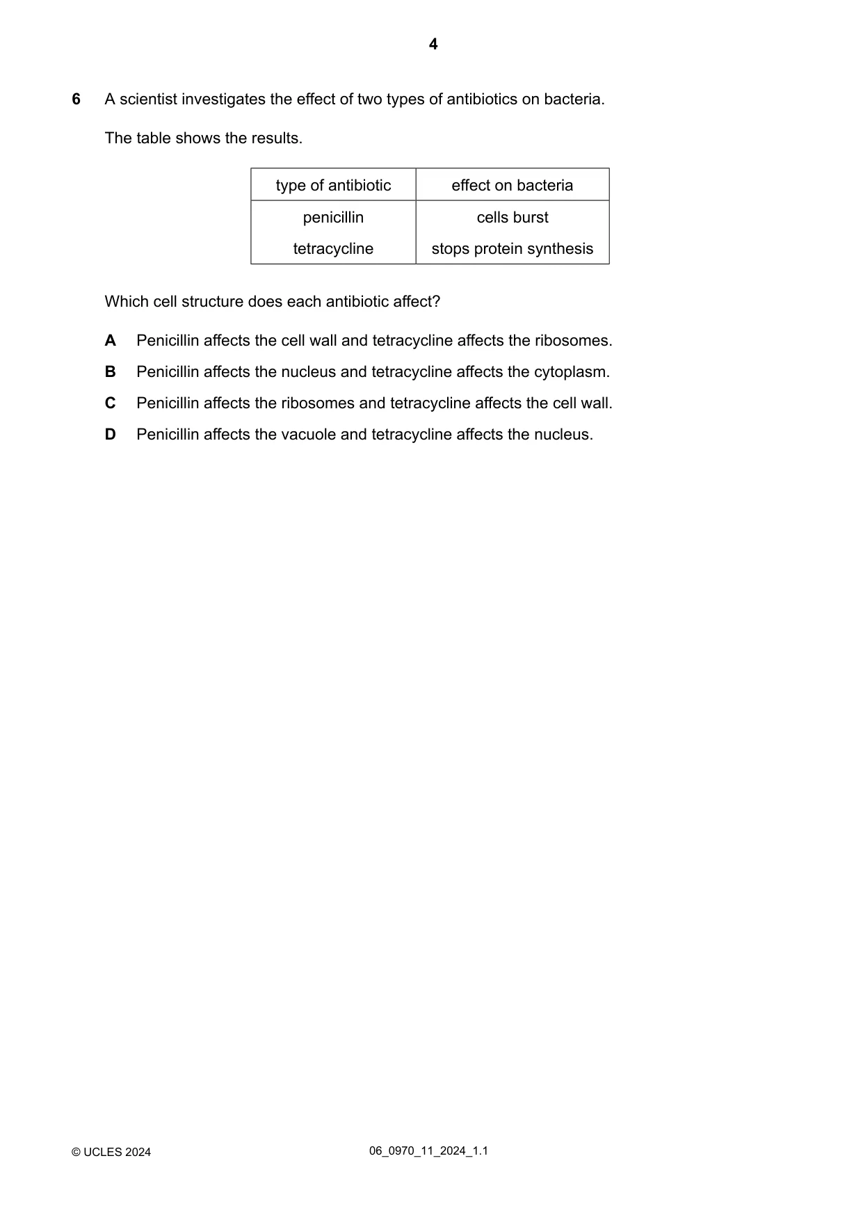 Cambridge IGCSE Biology (9-1) 0970 2024 May/June Paper 1 · Variant 1 question paper, page 4 of 20
