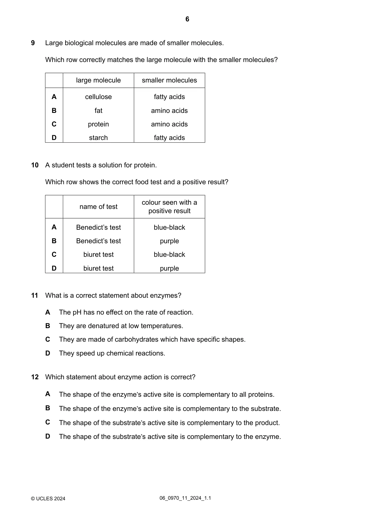Cambridge IGCSE Biology (9-1) 0970 2024 May/June Paper 1 · Variant 1 question paper, page 6 of 20