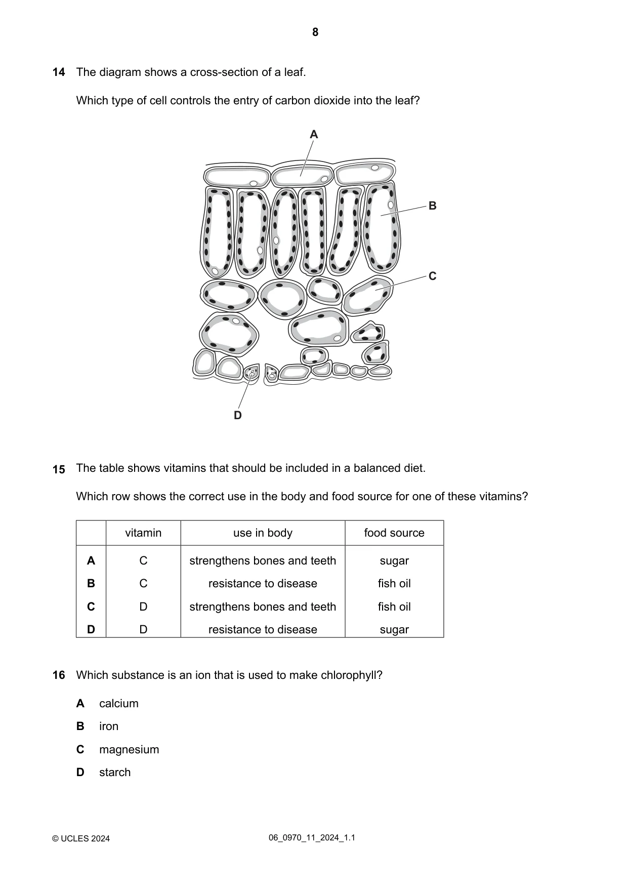 Cambridge IGCSE Biology (9-1) 0970 2024 May/June Paper 1 · Variant 1 question paper, page 8 of 20