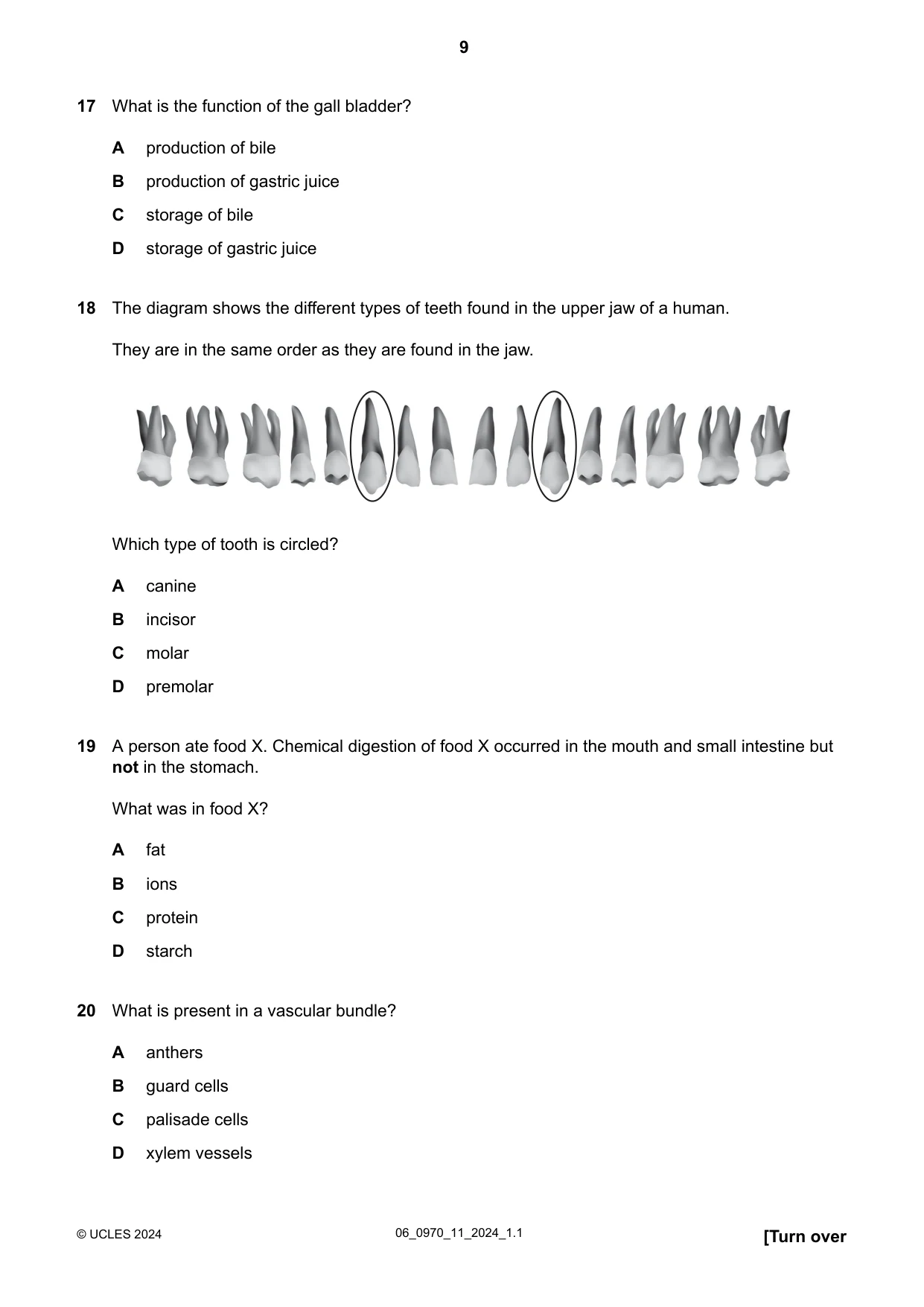 Cambridge IGCSE Biology (9-1) 0970 2024 May/June Paper 1 · Variant 1 question paper, page 9 of 20