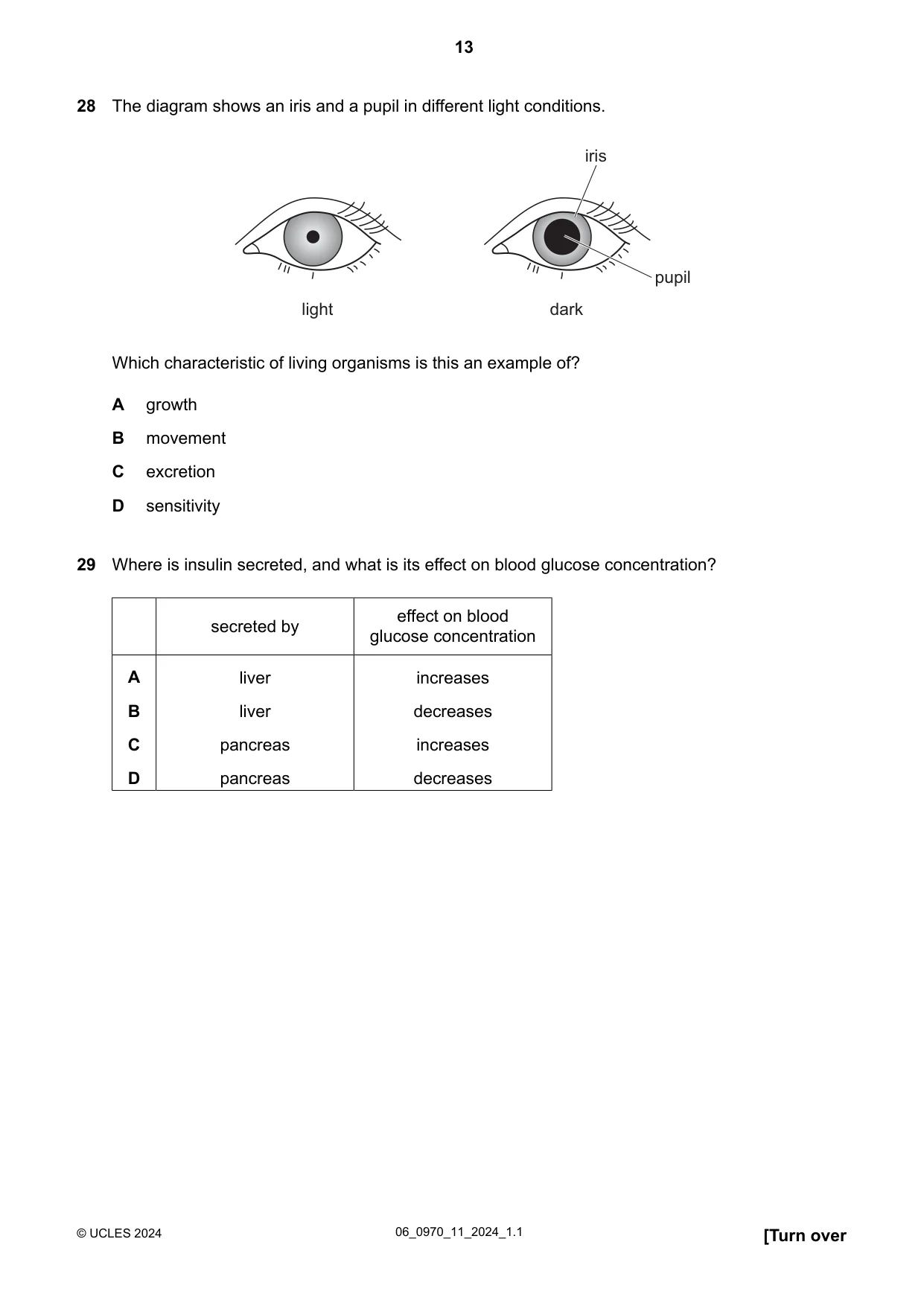 Cambridge IGCSE Biology (9-1) 0970 2024 May/June Paper 1 · Variant 1 question paper, page 13 of 20