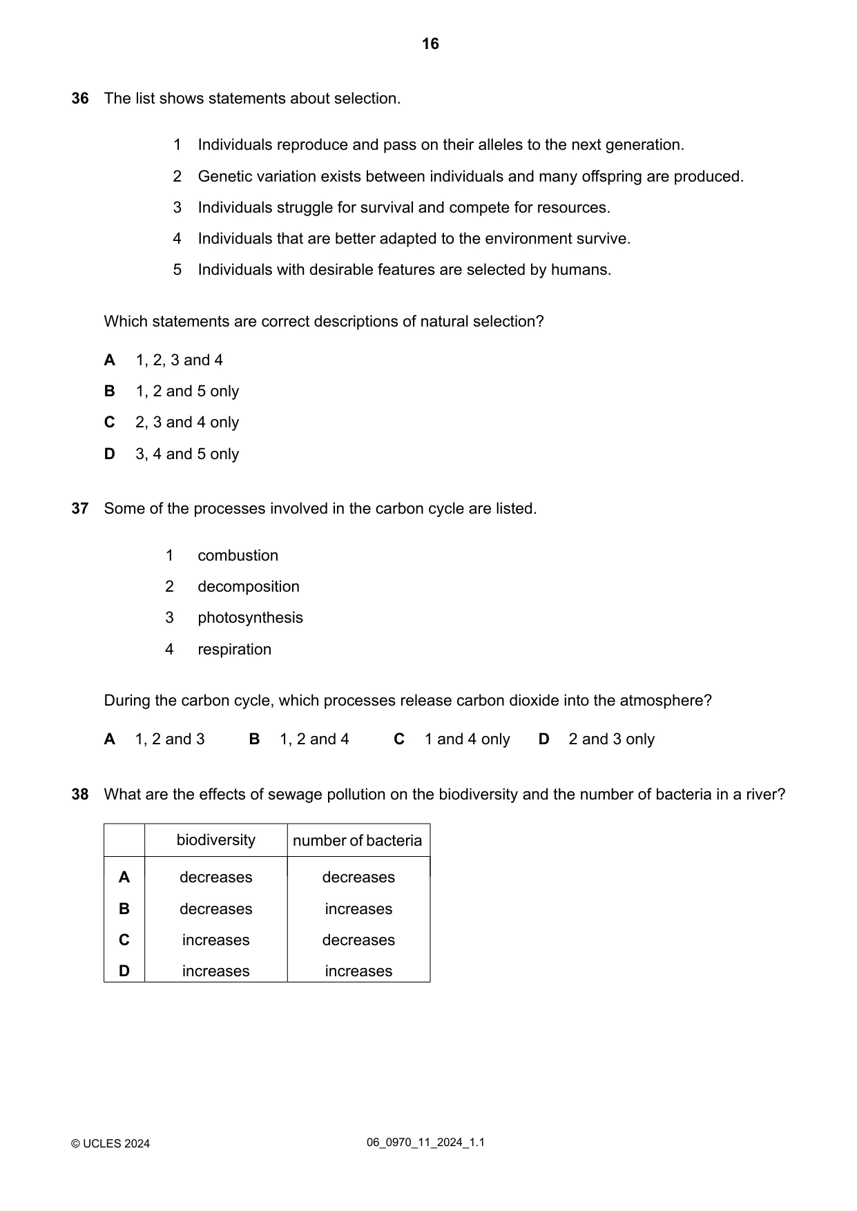Cambridge IGCSE Biology (9-1) 0970 2024 May/June Paper 1 · Variant 1 question paper, page 16 of 20