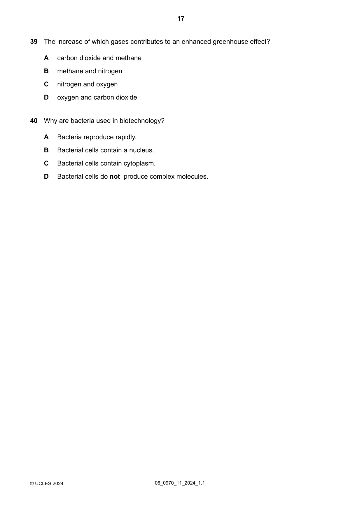 Cambridge IGCSE Biology (9-1) 0970 2024 May/June Paper 1 · Variant 1 question paper, page 17 of 20