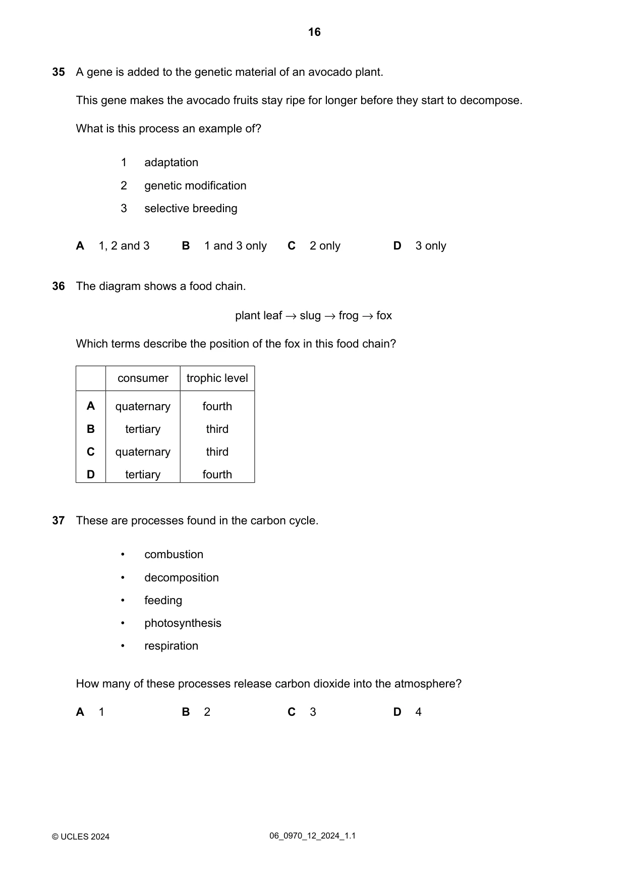 Cambridge IGCSE Biology (9-1) 0970 2024 May/June Paper 1 · Variant 2 question paper, page 16 of 20