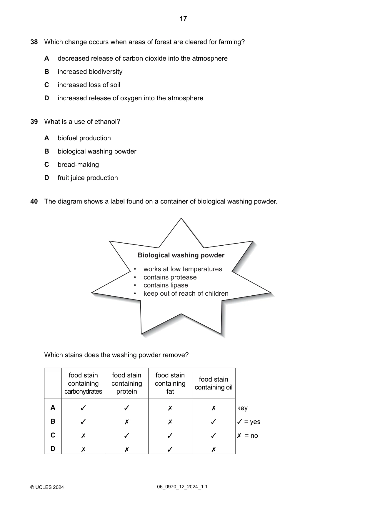 Cambridge IGCSE Biology (9-1) 0970 2024 May/June Paper 1 · Variant 2 question paper, page 17 of 20