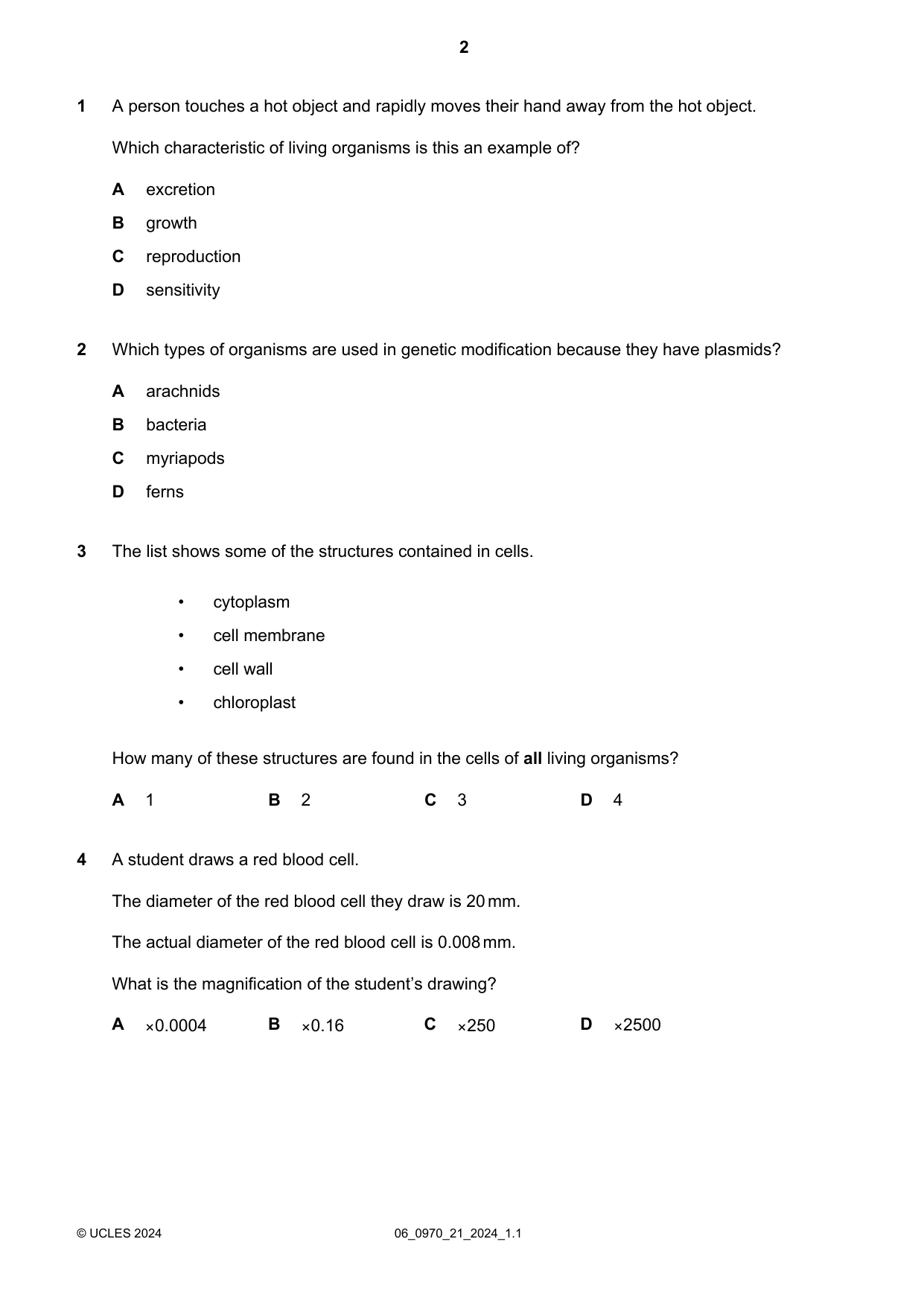 Cambridge IGCSE Biology (9-1) 0970 2024 May/June Paper 2 · Variant 1 question paper, page 2 of 16