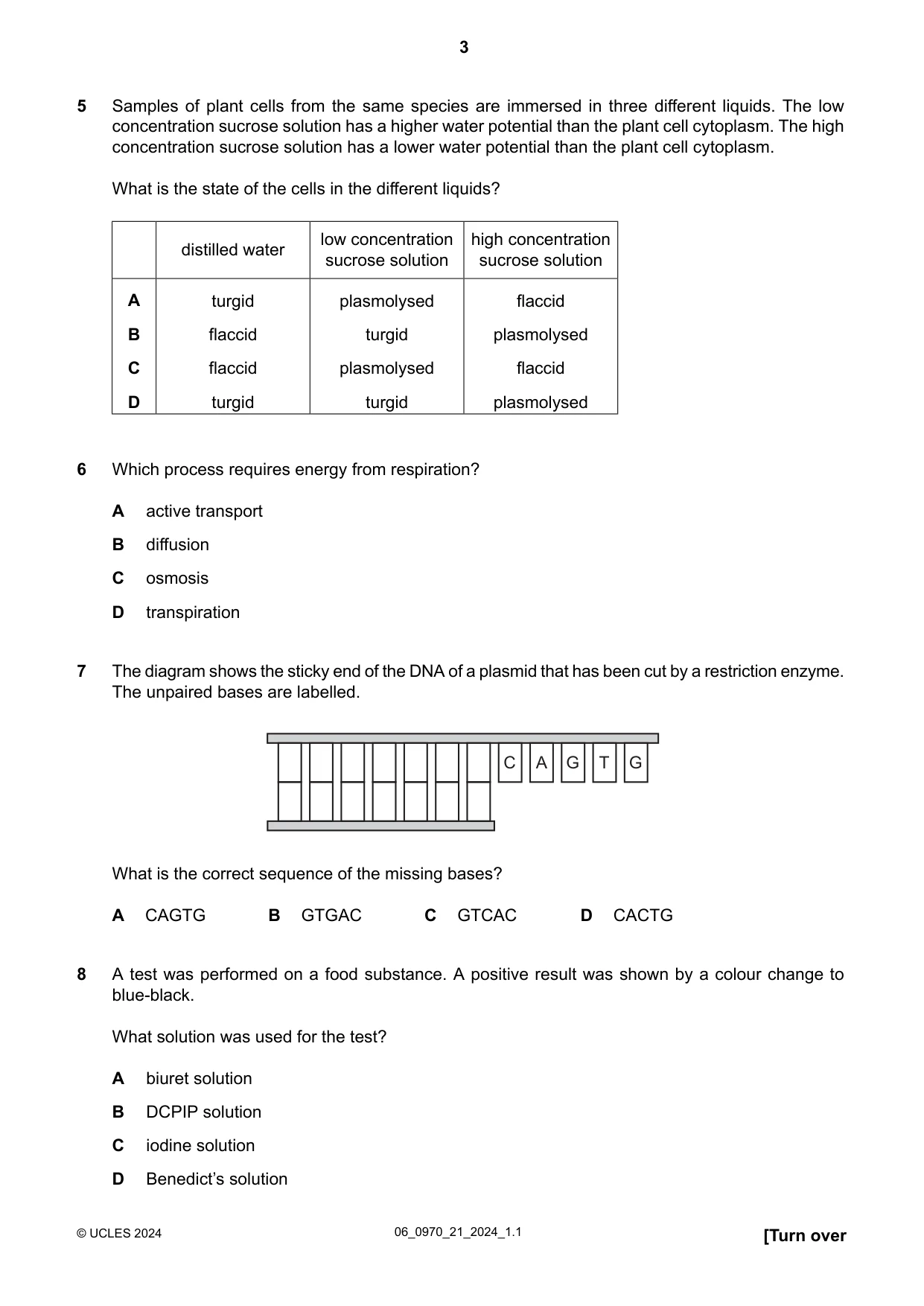 Cambridge IGCSE Biology (9-1) 0970 2024 May/June Paper 2 · Variant 1 question paper, page 3 of 16