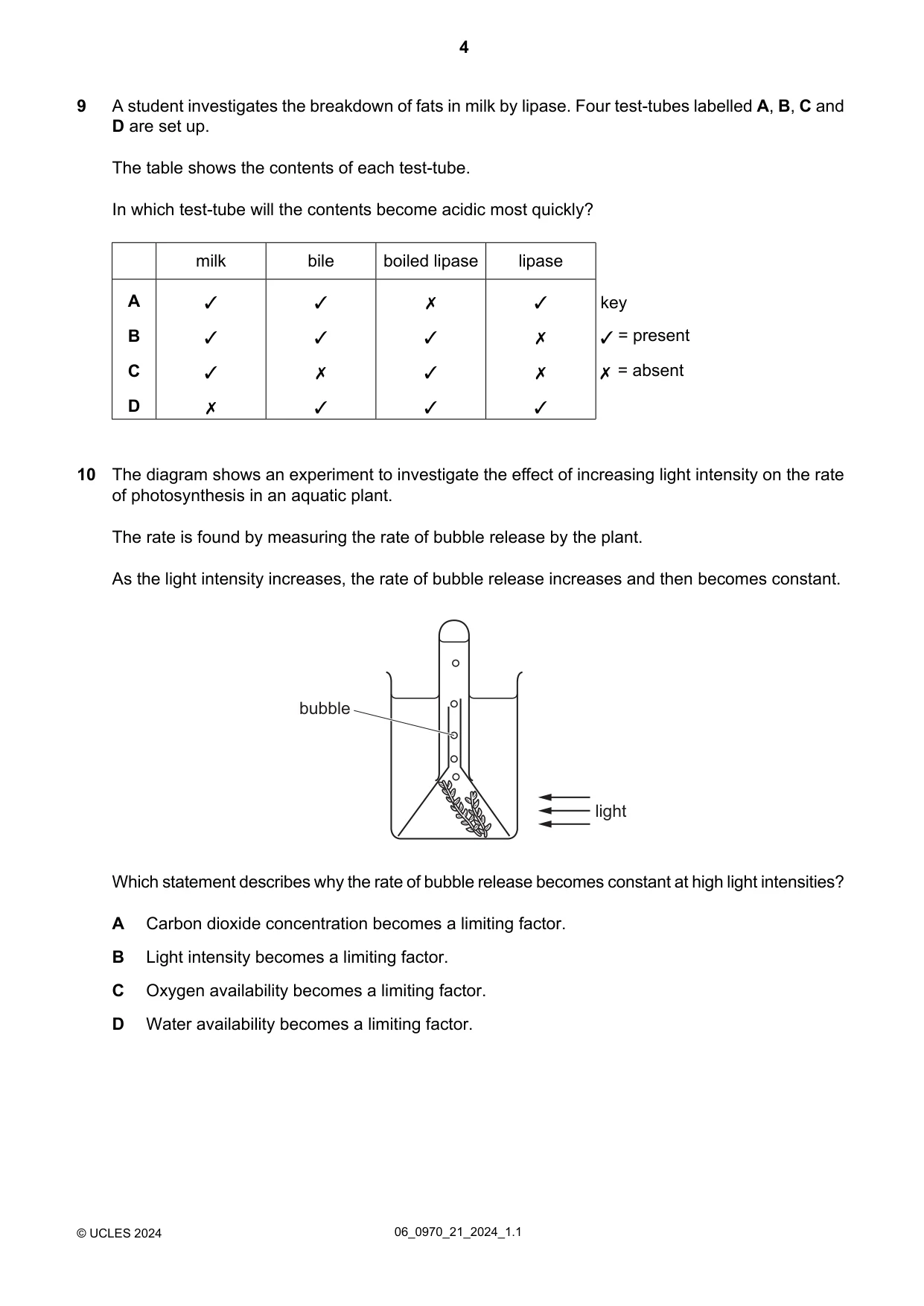 Cambridge IGCSE Biology (9-1) 0970 2024 May/June Paper 2 · Variant 1 question paper, page 4 of 16