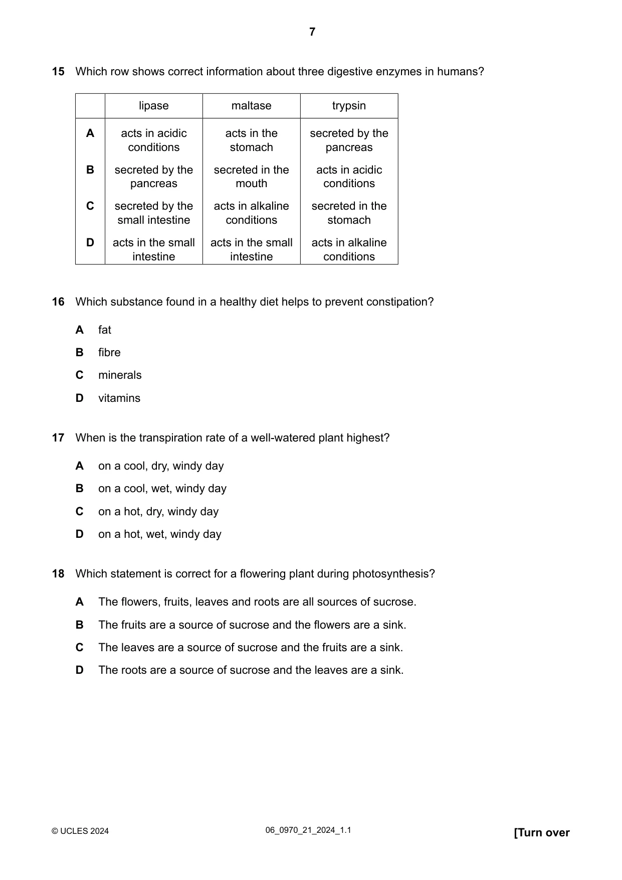 Cambridge IGCSE Biology (9-1) 0970 2024 May/June Paper 2 · Variant 1 question paper, page 7 of 16