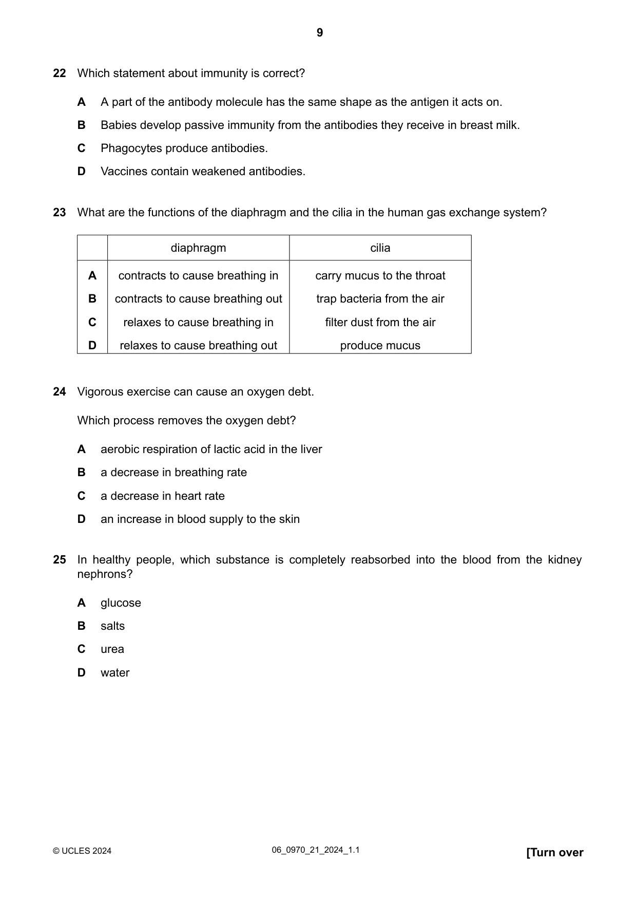 Cambridge IGCSE Biology (9-1) 0970 2024 May/June Paper 2 · Variant 1 question paper, page 9 of 16