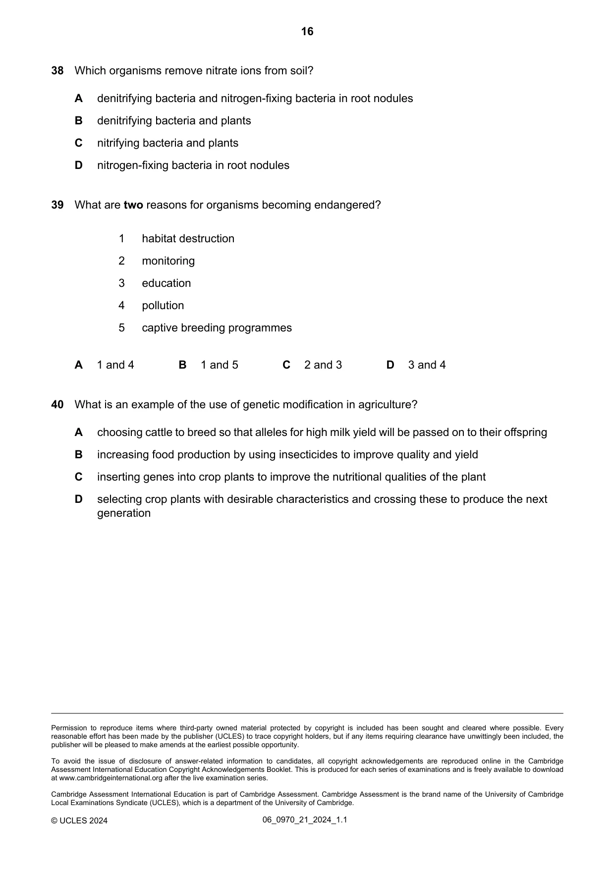 Cambridge IGCSE Biology (9-1) 0970 2024 May/June Paper 2 · Variant 1 question paper, page 16 of 16