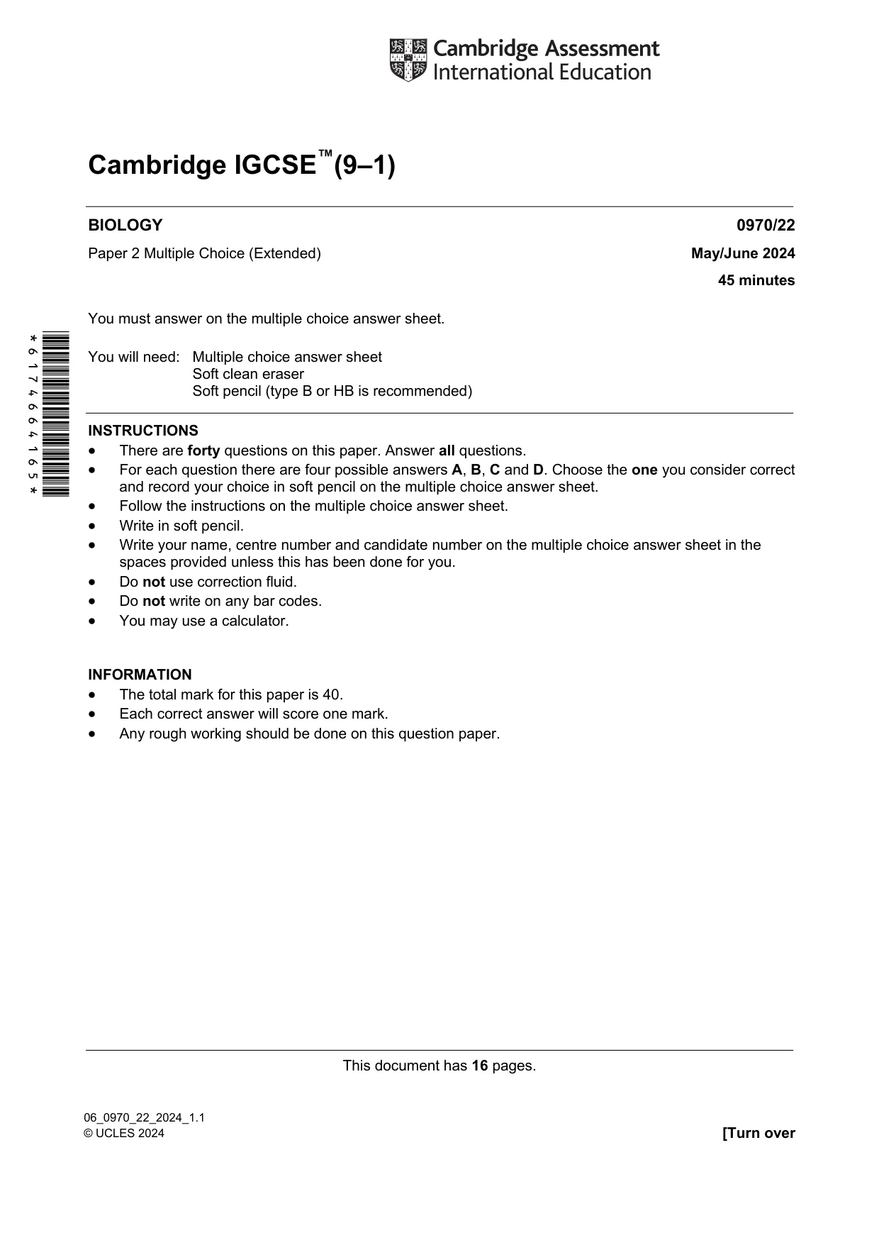 Cambridge IGCSE Biology (9-1) 0970 2024 May/June Paper 2 · Variant 2 question paper, page 1 of 16