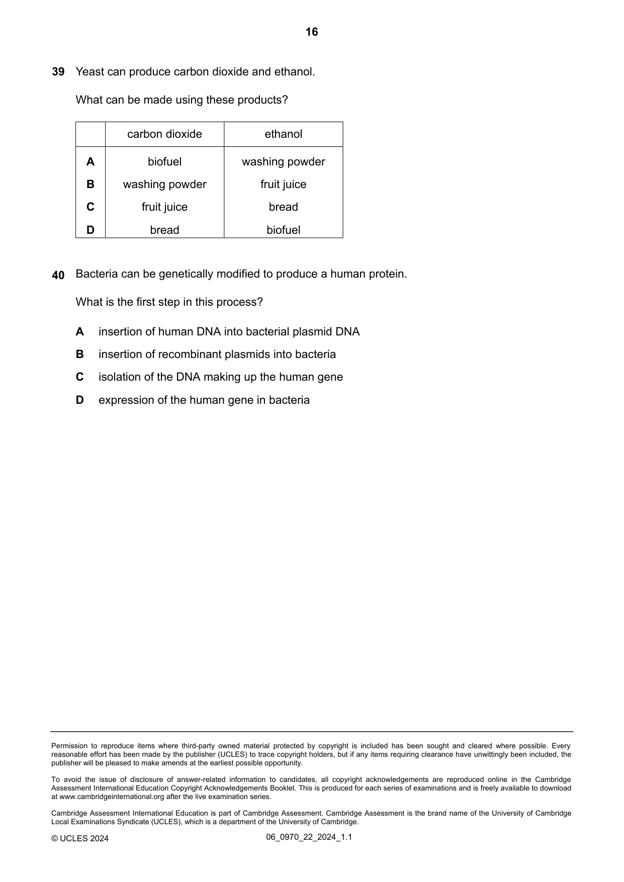 Cambridge IGCSE Biology (9-1) 0970 2024 May/June Paper 2 · Variant 2 question paper, page 16 of 16