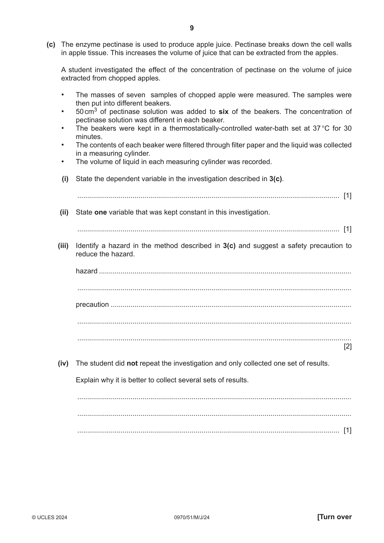 Cambridge IGCSE Biology (9-1) 0970 2024 May/June Paper 5 · Variant 1 question paper, page 9 of 12