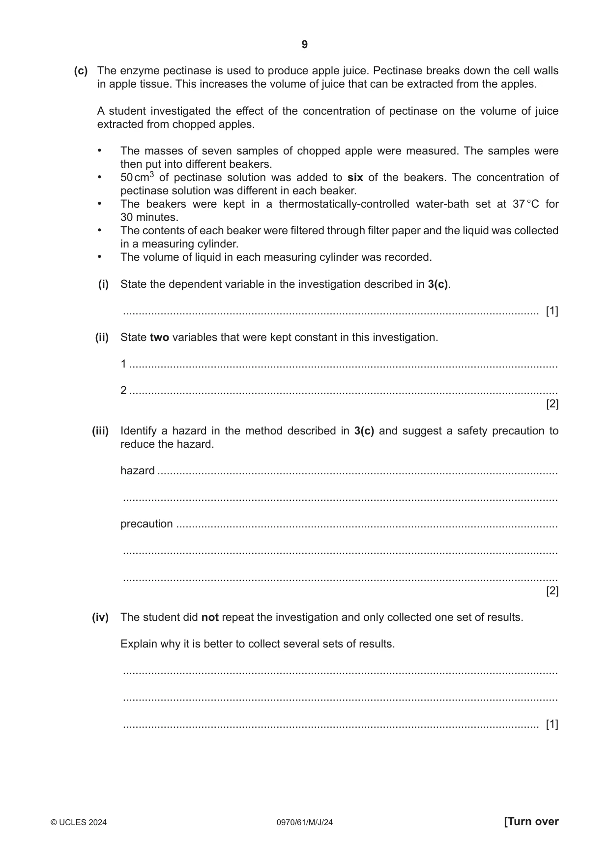 Cambridge IGCSE Biology (9-1) 0970 2024 May/June Paper 6 · Variant 1 question paper, page 9 of 12