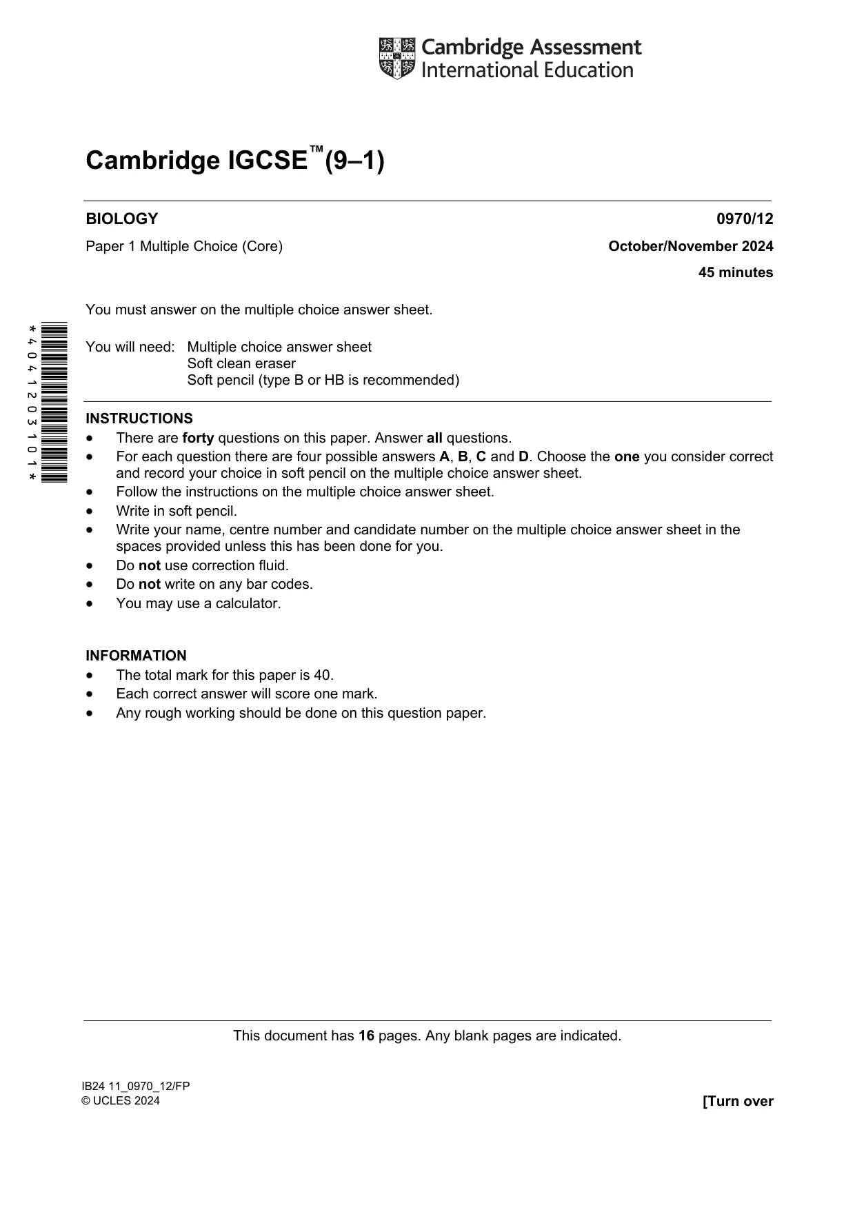 Cambridge IGCSE Biology (9-1) 0970 2024 Oct/Nov Paper 1 · Variant 2 question paper, page 1 of 16