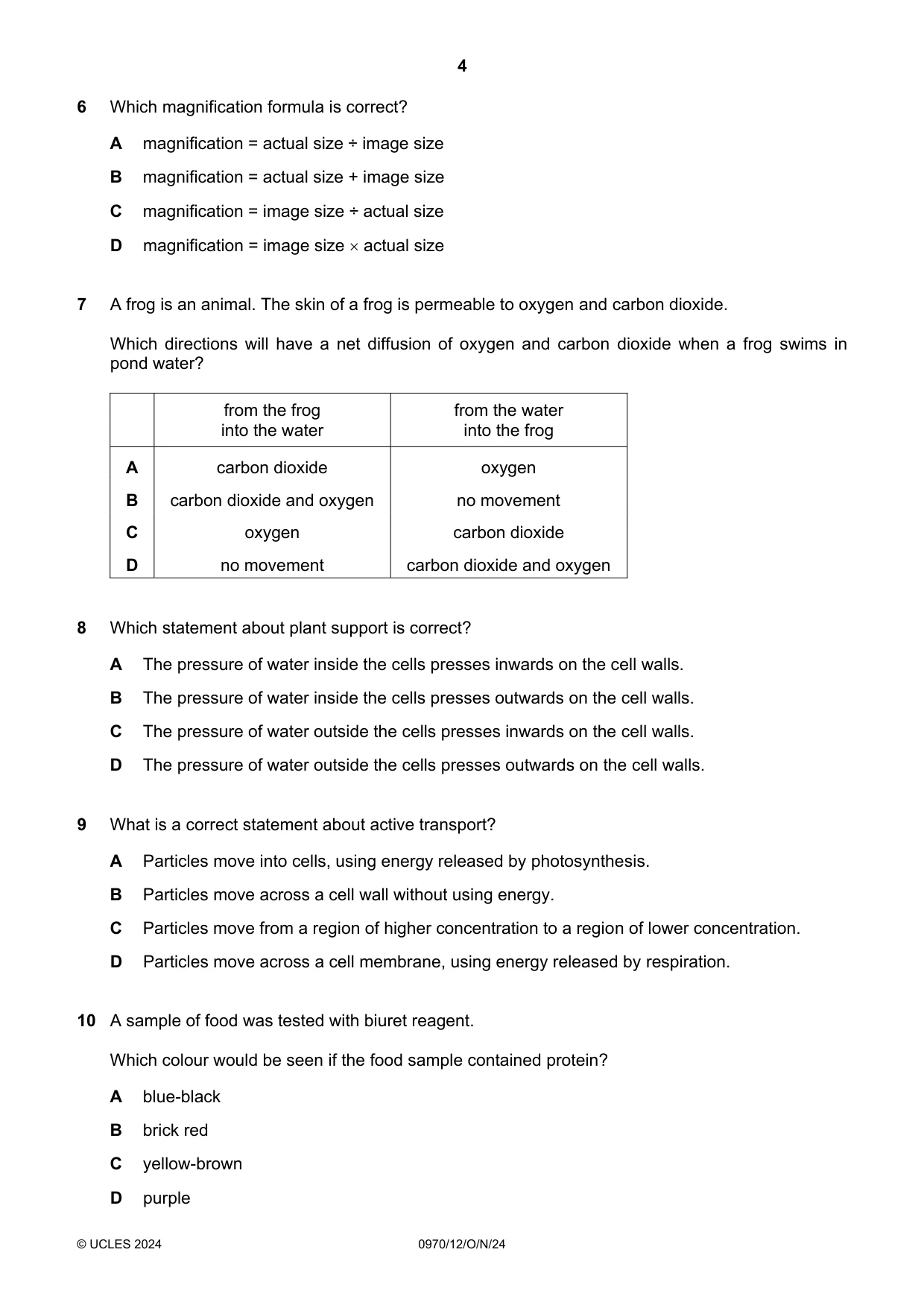 Cambridge IGCSE Biology (9-1) 0970 2024 Oct/Nov Paper 1 · Variant 2 question paper, page 4 of 16
