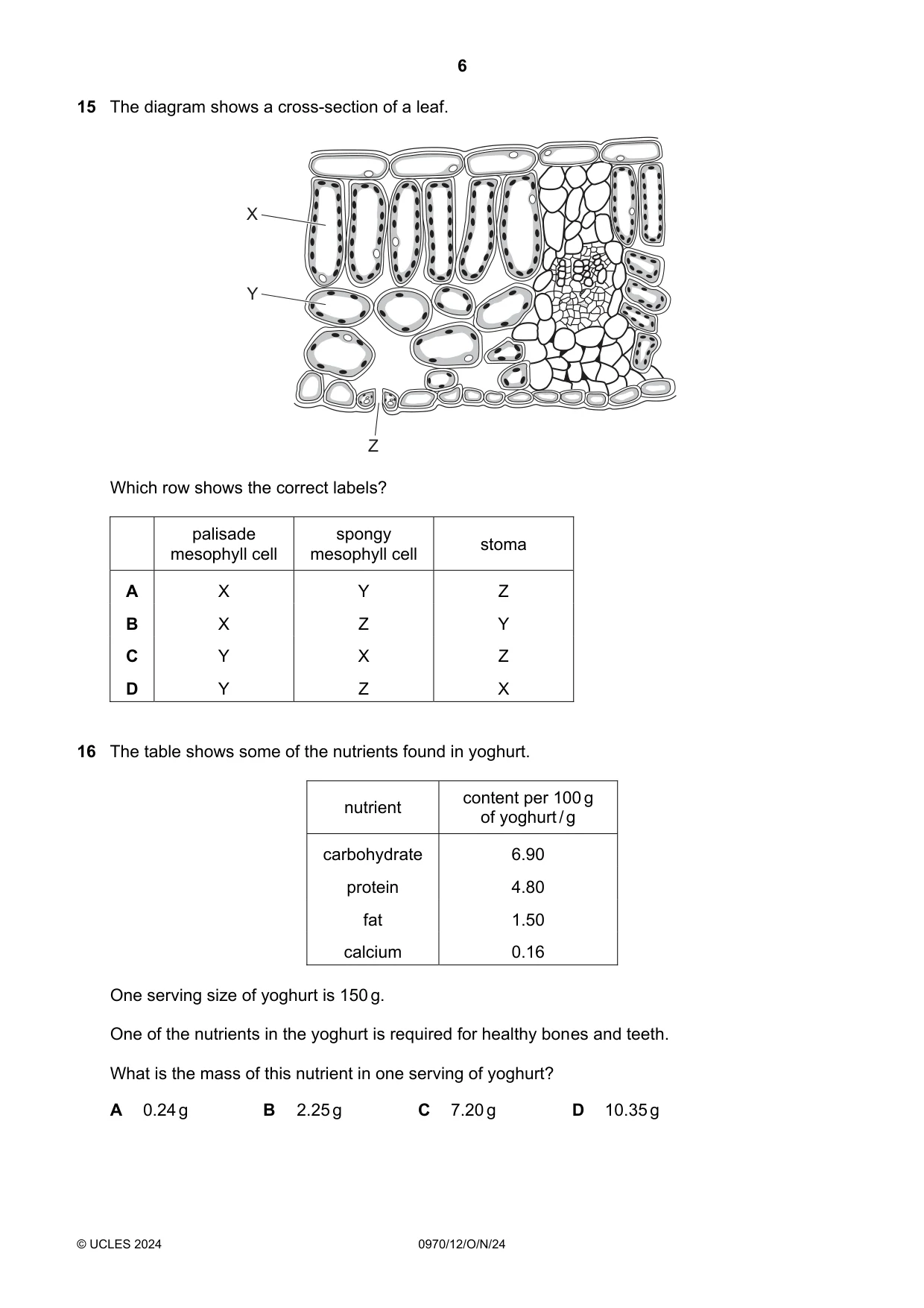 Cambridge IGCSE Biology (9-1) 0970 2024 Oct/Nov Paper 1 · Variant 2 question paper, page 6 of 16