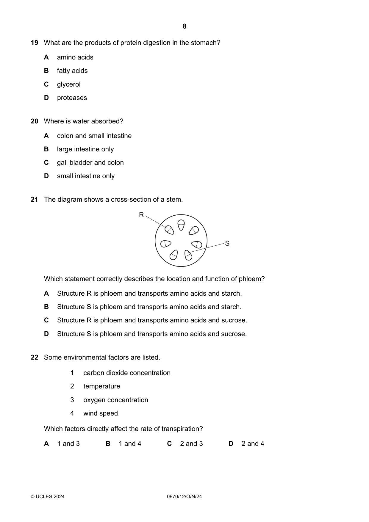 Cambridge IGCSE Biology (9-1) 0970 2024 Oct/Nov Paper 1 · Variant 2 question paper, page 8 of 16