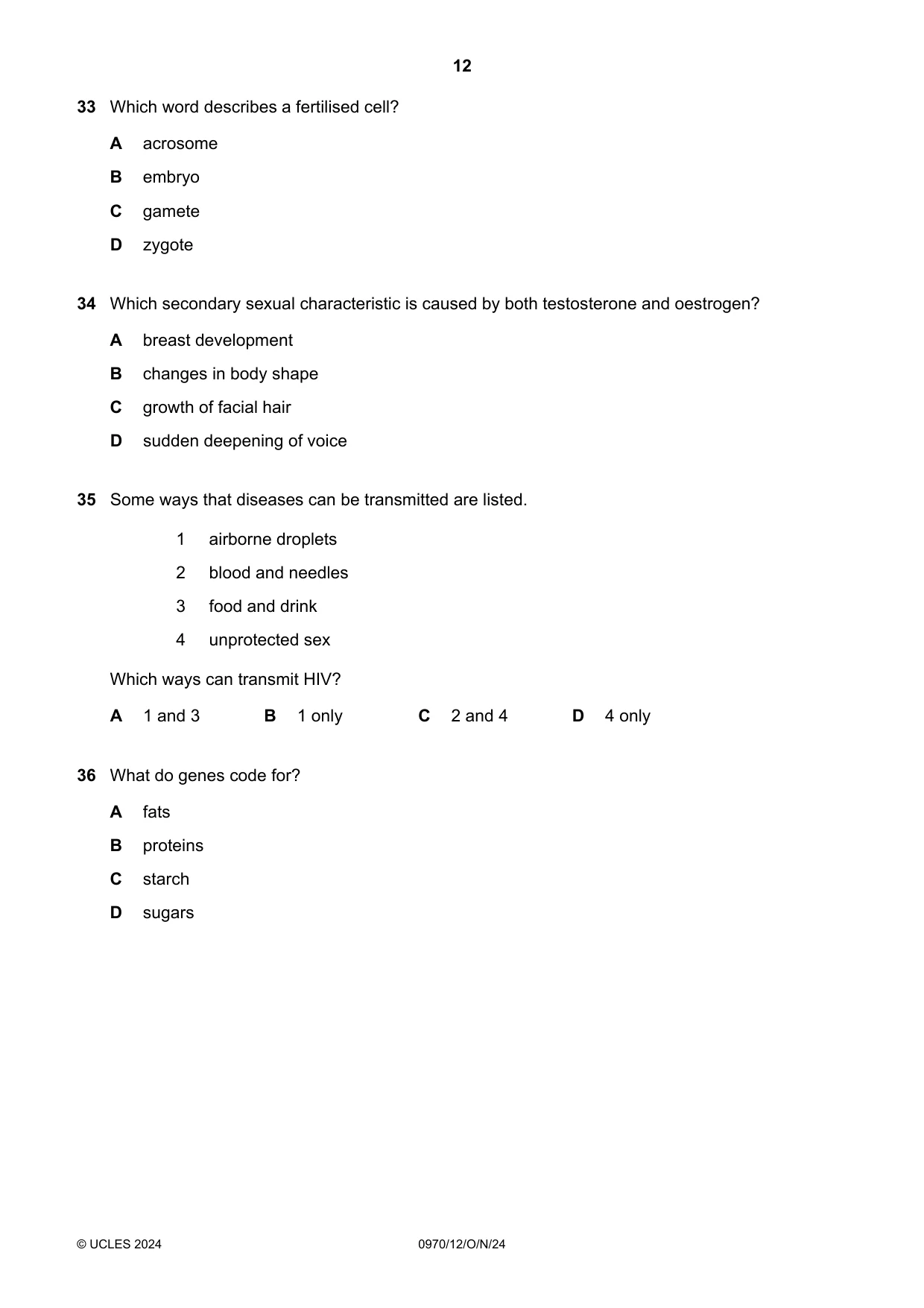 Cambridge IGCSE Biology (9-1) 0970 2024 Oct/Nov Paper 1 · Variant 2 question paper, page 12 of 16
