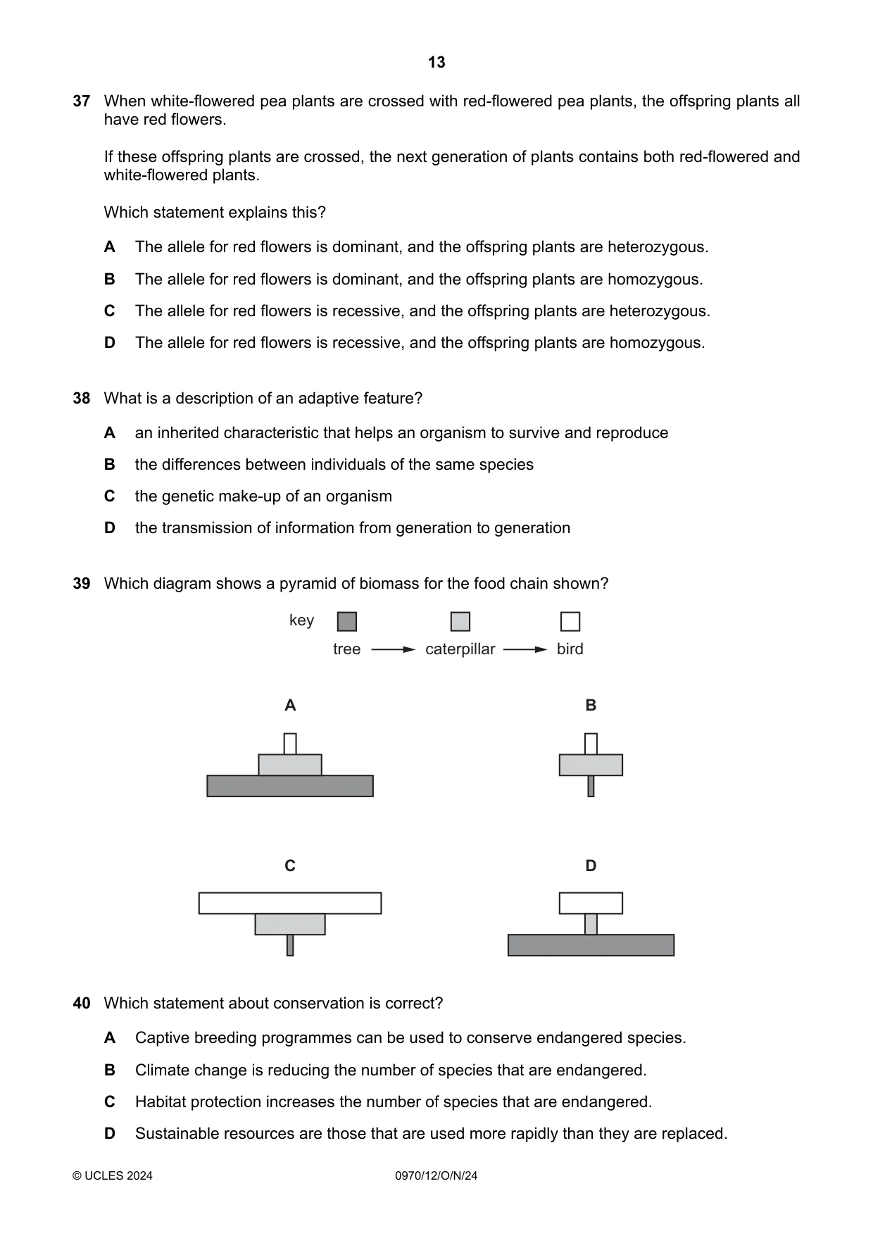 Cambridge IGCSE Biology (9-1) 0970 2024 Oct/Nov Paper 1 · Variant 2 question paper, page 13 of 16