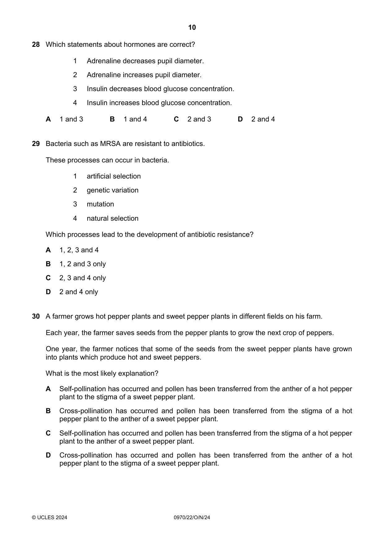 Cambridge IGCSE Biology (9-1) 0970 2024 Oct/Nov Paper 2 · Variant 2 question paper, page 10 of 16