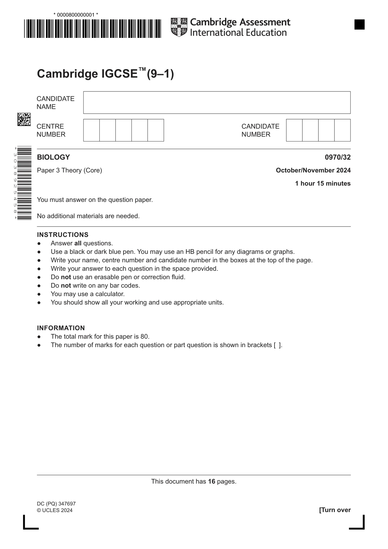 Cambridge IGCSE Biology (9-1) 0970 2024 Oct/Nov Paper 3 · Variant 2 question paper, page 1 of 16
