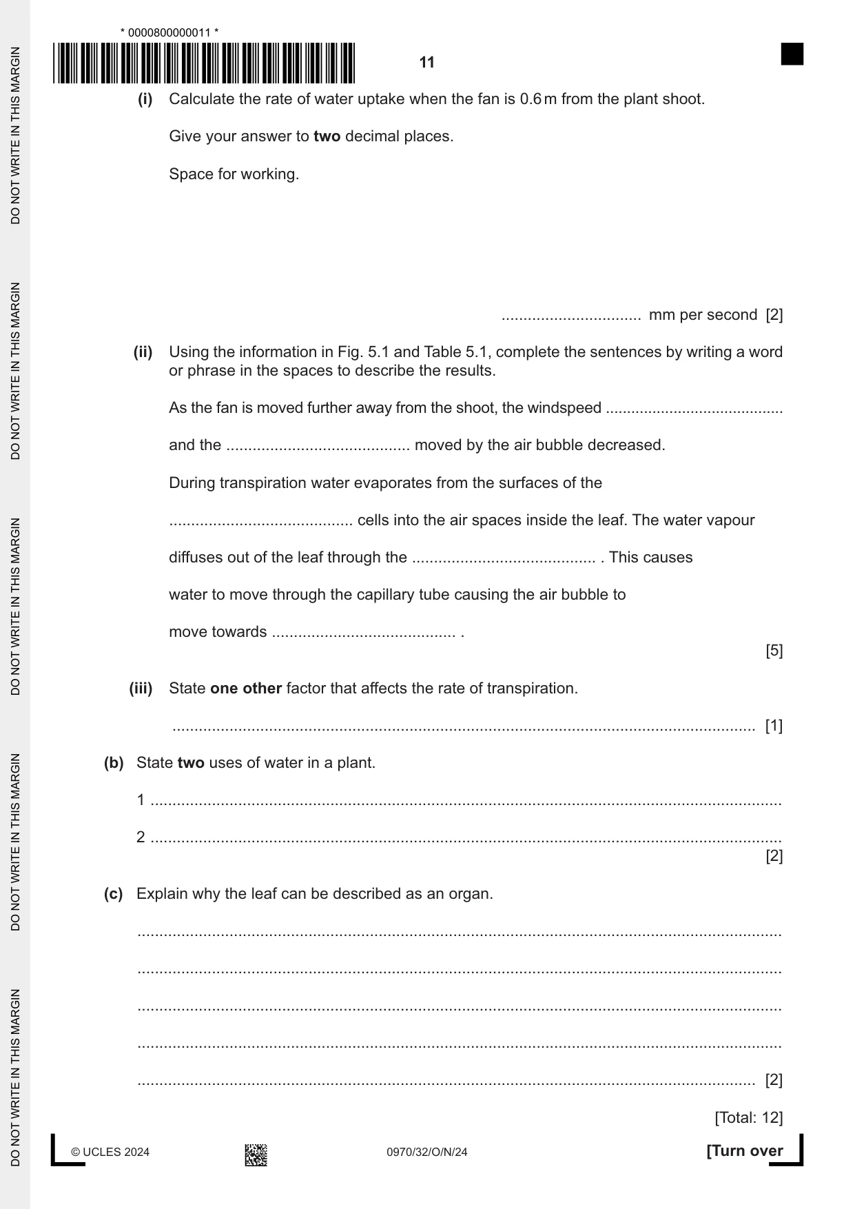 Cambridge IGCSE Biology (9-1) 0970 2024 Oct/Nov Paper 3 · Variant 2 question paper, page 11 of 16