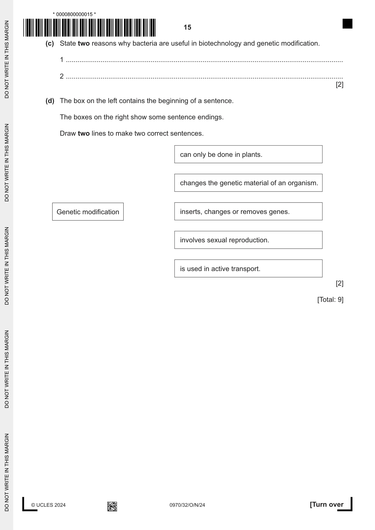 Cambridge IGCSE Biology (9-1) 0970 2024 Oct/Nov Paper 3 · Variant 2 question paper, page 15 of 16