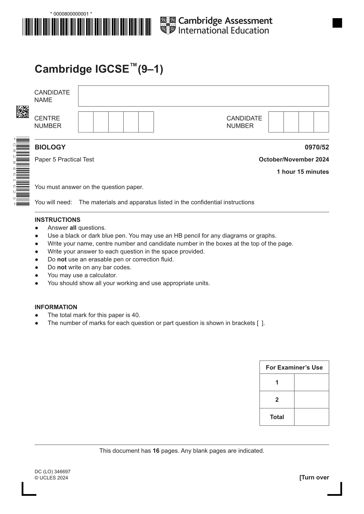 Cambridge IGCSE Biology (9-1) 0970 2024 Oct/Nov Paper 5 · Variant 2 question paper, page 1 of 16