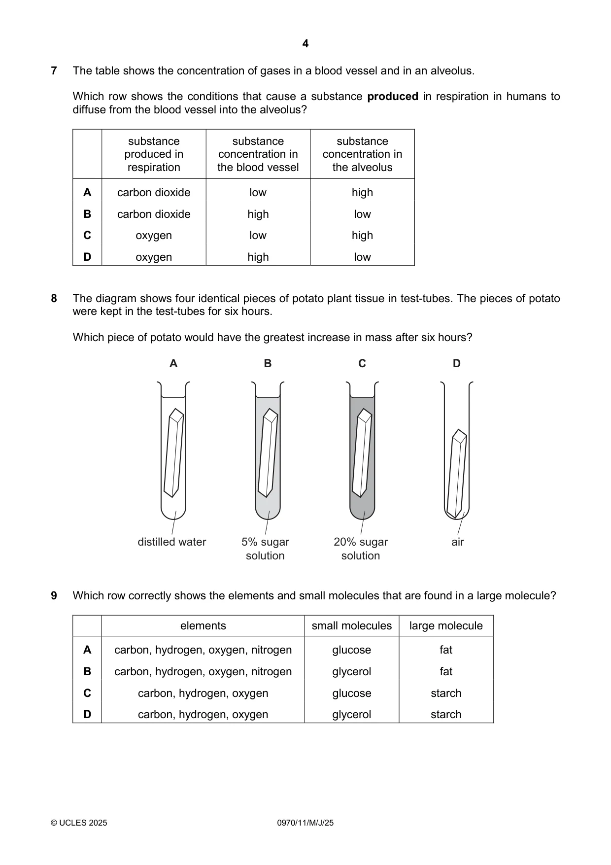 Cambridge IGCSE Biology (9-1) 0970 2025 May/June Paper 1 · Variant 1 question paper, page 4 of 16