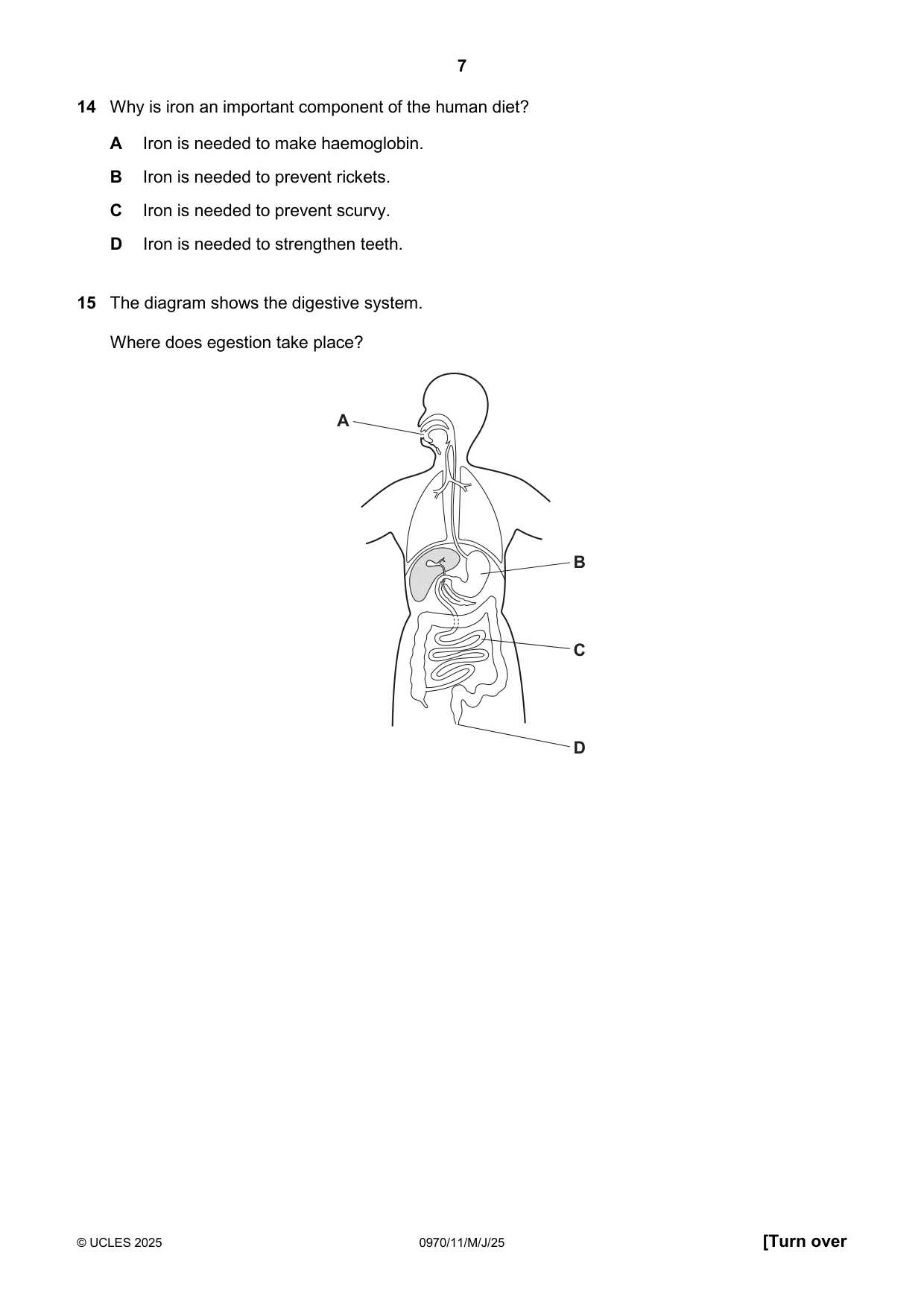 Cambridge IGCSE Biology (9-1) 0970 2025 May/June Paper 1 · Variant 1 question paper, page 7 of 16